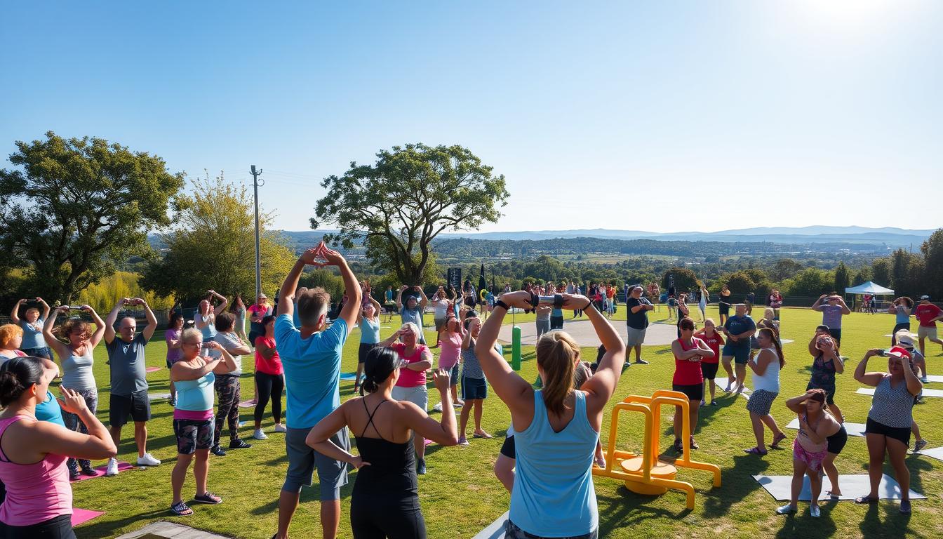 A vibrant community fitness challenge set against a backdrop of a lively outdoor park. In the foreground, a diverse group of people of all ages and abilities engaged in a range of exercises, from lifting weights to doing yoga poses. The middle ground features brightly colored workout equipment and a large, open space for activities. In the background, a picturesque landscape with lush greenery, a clear blue sky, and the sun shining brightly, creating a warm, inviting atmosphere. The scene conveys a sense of camaraderie, motivation, and a shared commitment to health and wellness within the community.