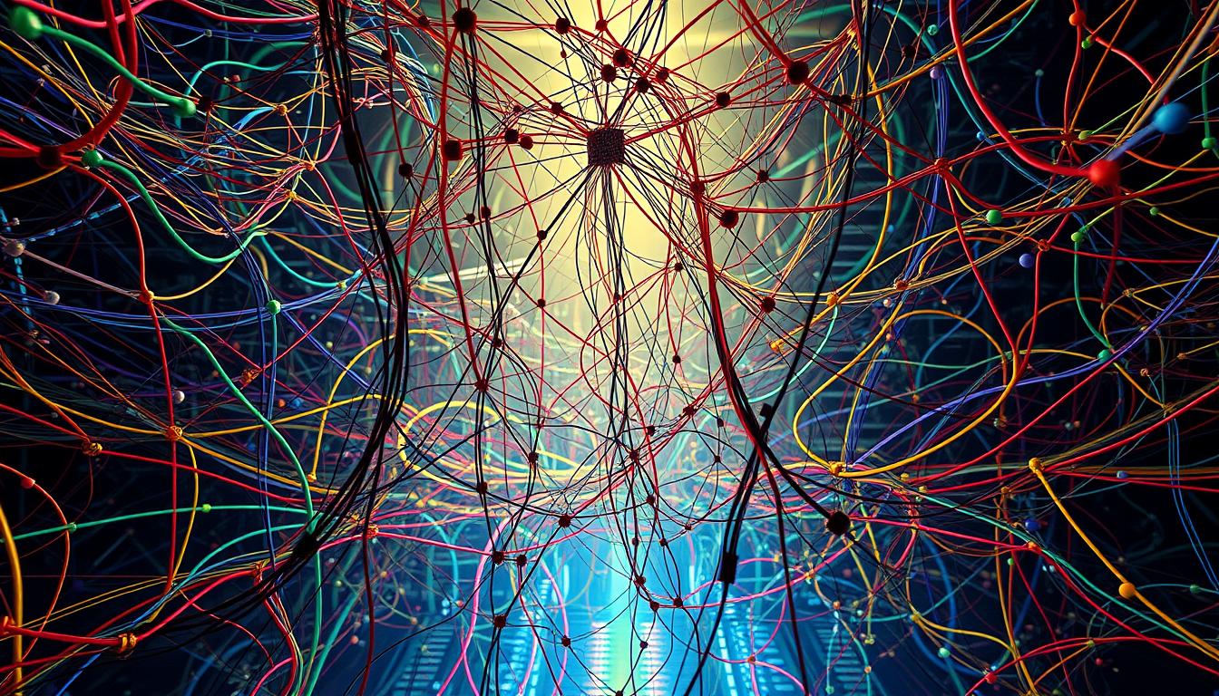 A vibrant, densely interconnected network of intricately woven lines and nodes, pulsing with energy and connectivity. In the foreground, a central hub of intricate pathways and junctions, color-coded to denote different channels and modes of communication. The middle ground features a sprawling matrix of intersecting cables and circuits, creating a sense of depth and complexity. In the background, a hazy, ethereal glow emanates from the network, illuminating the scene with a warm, inviting atmosphere. The composition is captured from a low, dynamic angle, emphasizing the scale and grandeur of the interconnected system.
