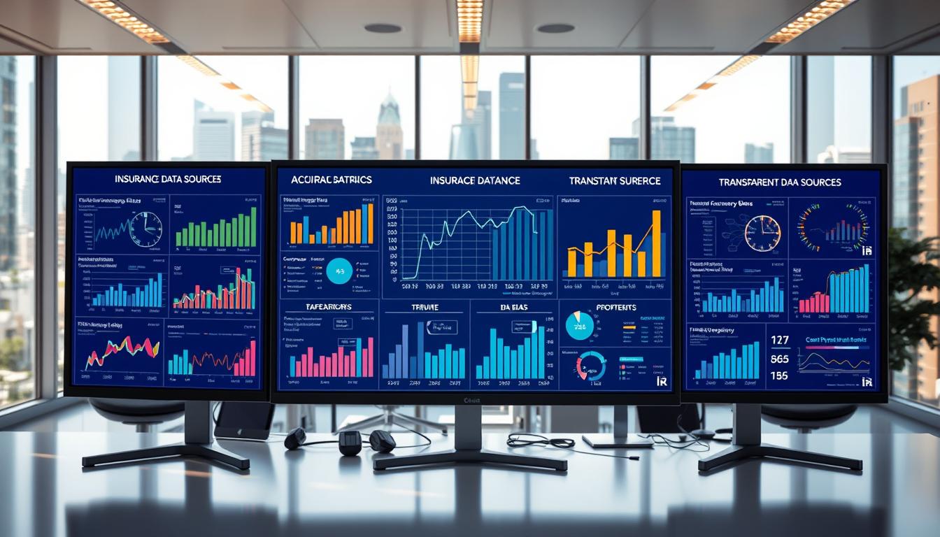 A vibrant, detailed data visualization comparing the accuracy and transparency of various data sources, displayed on high-resolution monitors against a sleek, modern office backdrop. The foreground features neatly arranged charts, graphs, and infographics illustrating the reliability and bias of different insurance data sets. The middle ground showcases computer workstations and analytical tools, while the background depicts a bright, airy space with large windows overlooking a bustling city skyline. Warm, directional lighting accentuates the clean, professional aesthetic, creating a sense of clarity and authority around the data comparison process.