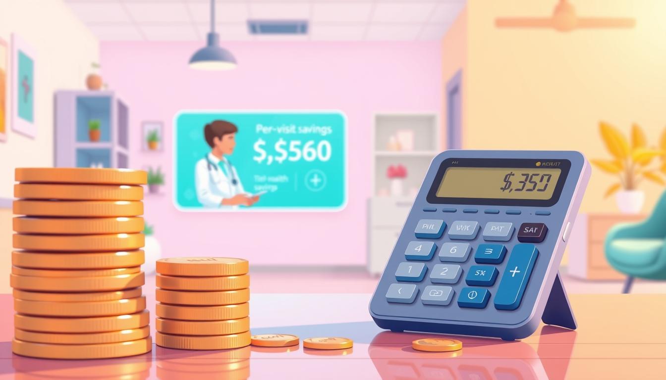 A vibrant, detailed illustration depicting the financial savings achieved through telehealth visits. In the foreground, a stack of coins and a calculator, symbolizing the tangible cost savings. In the middle ground, a doctor and patient engaged in a virtual consultation, with a glowing screen displaying the per-visit savings. The background features a clean, modern healthcare setting with soothing pastel tones, conveying the efficiency and accessibility of telehealth. Warm, natural lighting casts a serene atmosphere, highlighting the affordability and convenience of this healthcare solution.