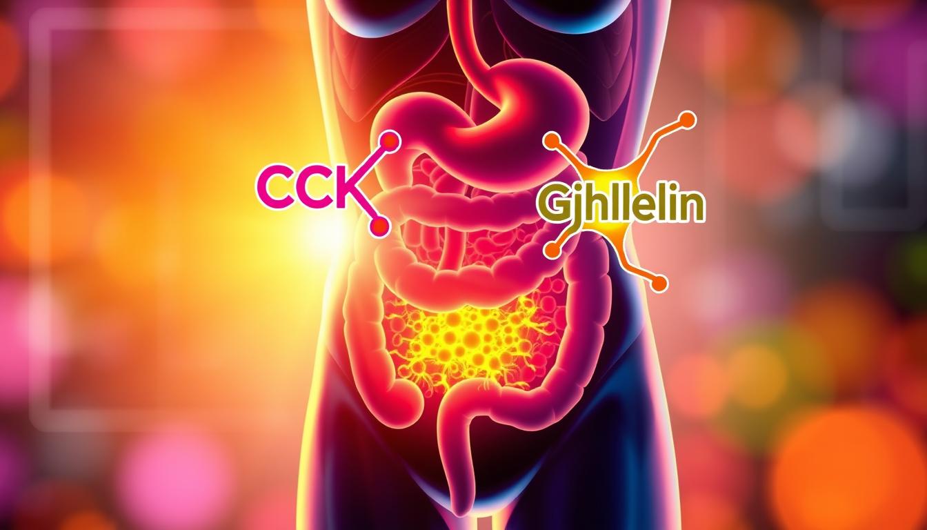 A vibrant, detailed illustration depicting the hormonal regulation of appetite. In the foreground, a human figure with a glowing central abdomen, representing the gut and its hormone-producing cells. Overlapping with this, stylized visual representations of the key appetite-regulating hormones CCK and ghrelin, shown in complementary colors, engaged in a dynamic "tug-of-war". In the background, a softly blurred anatomical diagram of the digestive system, highlighting the key hormone production sites. The scene is bathed in a warm, colorful light, conveying the complex interplay between these important physiological systems that shape our hunger and satiety.