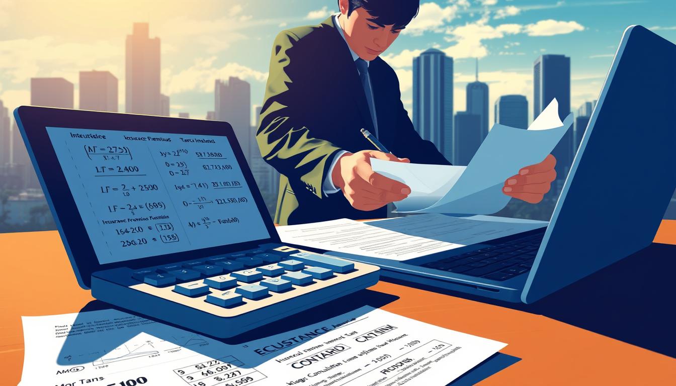 A vibrant, detailed illustration of insurance premiums being calculated. In the foreground, a calculator and laptop display complex mathematical formulas and actuarial data. In the middle ground, a person in a suit reviewing documents and making notes. In the background, a cityscape with towering office buildings, hinting at the scale and complexity of the insurance industry. Dramatic lighting casts strong shadows, creating a sense of gravity and importance. The scene is captured from a slightly elevated angle, giving the viewer a sense of oversight and insight into the inner workings of premium calculation.
