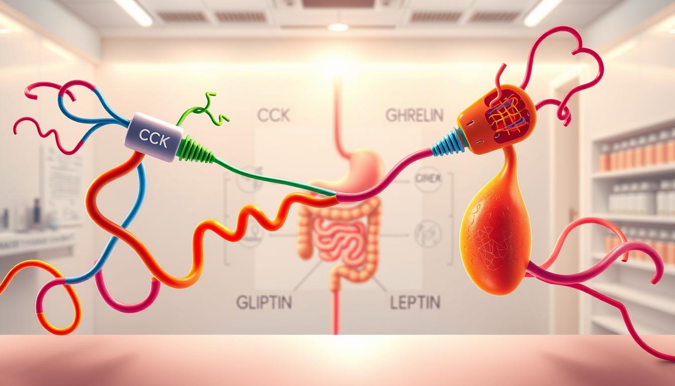 A vibrant, detailed illustration of the mechanism behind appetite regulation. In the foreground, a trio of hormones - cholecystokinin (CCK), ghrelin, and leptin - engage in a tug-of-war, their interplay visually represented by colorful, undulating ribbons. In the middle ground, the digestive system and key metabolic organs are depicted, with arrows and diagrams highlighting their roles in the appetite process. The background features a clean, clinical environment, with subtle technical diagrams and schematics alluding to the latest hormone-testing breakthroughs. Warm lighting, a crisp color palette, and a sense of scientific precision permeate the entire scene.