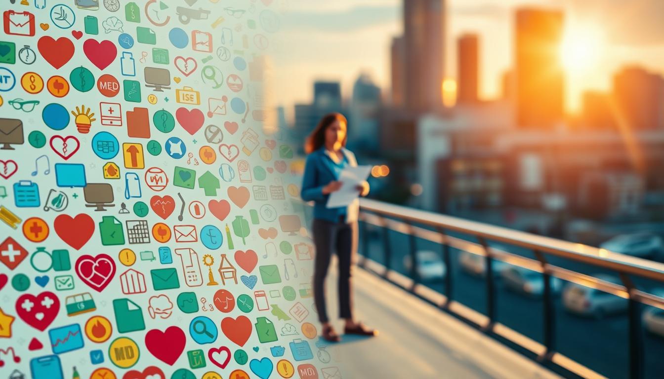 A vibrant, detailed scene depicting short-term health insurance coverage. In the foreground, a colorful mosaic of medical icons and symbols, representing the various benefits and protections of the plan. In the middle ground, a person standing confidently, holding a document or policy, conveying a sense of security and preparedness. The background features a blurred cityscape, suggesting the temporary nature of the coverage, a bridge between jobs or life changes. Warm, golden lighting illuminates the scene, creating a hopeful, reassuring atmosphere. The composition is balanced, drawing the viewer's eye to the central figure and the core elements of the short-term health plan. A vibrant, detailed scene depicting short-term health insurance coverage. In the foreground, a colorful mosaic of medical icons and symbols, representing the various benefits and protections of the plan. In the middle ground, a person standing confidently, holding a document or policy, conveying a sense of security and preparedness. The background features a blurred cityscape, suggesting the temporary nature of the coverage, a bridge between jobs or life changes. Warm, golden lighting illuminates the scene, creating a hopeful, reassuring atmosphere. The composition is balanced, drawing the viewer's eye to the central figure and the core elements of the short-term health plan.