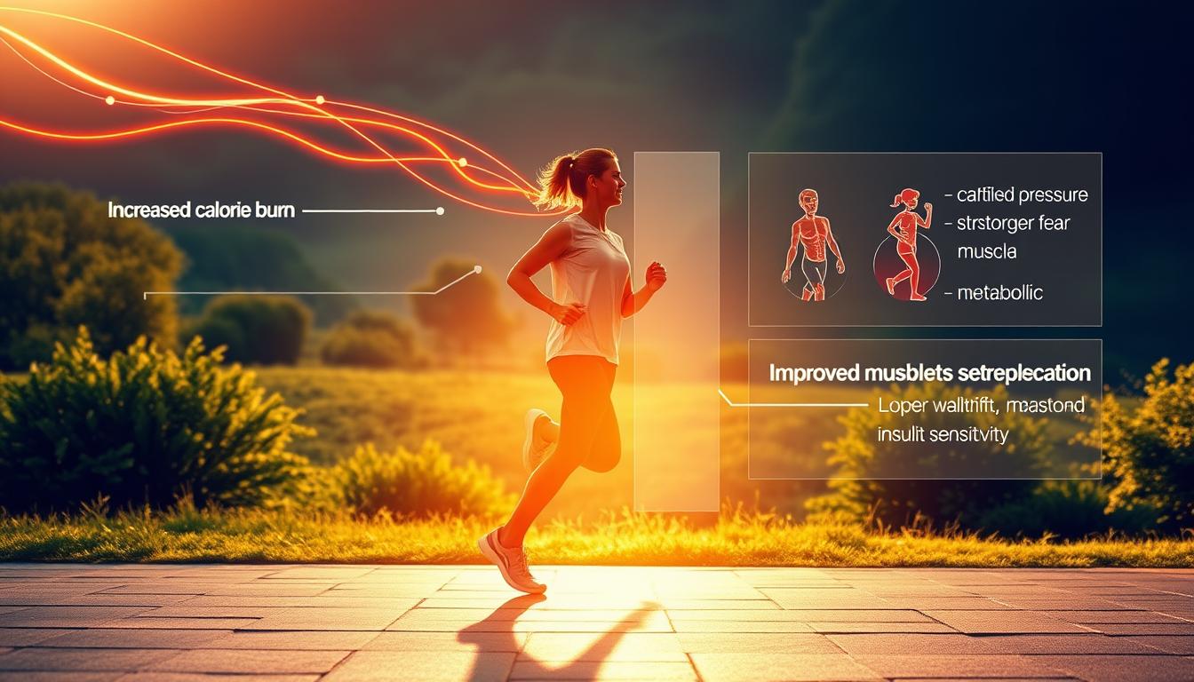 A vibrant, detailed scene depicting the physiological benefits of weight loss through walking. In the foreground, a person's silhouette walks briskly against a backdrop of glowing energy lines, representing the increased calorie burn and fat oxidation. In the middle ground, transparent overlays illustrate the cardiovascular, muscular, and metabolic improvements, such as lower blood pressure, stronger muscles, and improved insulin sensitivity. The background showcases a lush, verdant landscape, symbolizing the holistic wellness gained through regular walking. Warm, golden lighting casts a natural, serene ambiance, underscoring the simplicity and accessibility of this effective weight loss strategy. A vibrant, detailed scene depicting the physiological benefits of weight loss through walking. In the foreground, a person's silhouette walks briskly against a backdrop of glowing energy lines, representing the increased calorie burn and fat oxidation. In the middle ground, transparent overlays illustrate the cardiovascular, muscular, and metabolic improvements, such as lower blood pressure, stronger muscles, and improved insulin sensitivity. The background showcases a lush, verdant landscape, symbolizing the holistic wellness gained through regular walking. Warm, golden lighting casts a natural, serene ambiance, underscoring the simplicity and accessibility of this effective weight loss strategy.