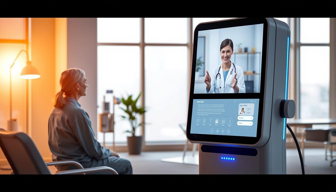 A vibrant digital healthcare setting with a patient and clinician conducting a virtual consultation. In the foreground, a warm-lit examination room with medical equipment and a comfortable chair for the patient. The clinician appears on a large, high-resolution display, making eye contact and gesturing empathetically. In the middle ground, a sleek, futuristic-looking telehealth kiosk or station, with intuitive controls and a seamless user interface. The background showcases a modern, minimalist office space with large windows, allowing natural light to fill the room. An atmosphere of trust, efficiency, and personalized care permeates the scene.