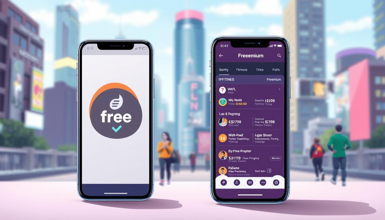 A vibrant digital illustration contrasting free and freemium fitness apps. In the foreground, a smartphone displays the user interface of a free fitness app, its design clean and uncluttered. In the middle ground, another smartphone showcases a freemium app, its screen filled with various in-app purchase options and subscription plans. The background features a lively cityscape, suggesting the apps' urban, on-the-go appeal. Soft, directional lighting illuminates the scene, casting subtle shadows and highlights to emphasize the digital interfaces. The overall tone is one of clarity and comparison, inviting the viewer to consider the merits of both free and paid fitness app models.