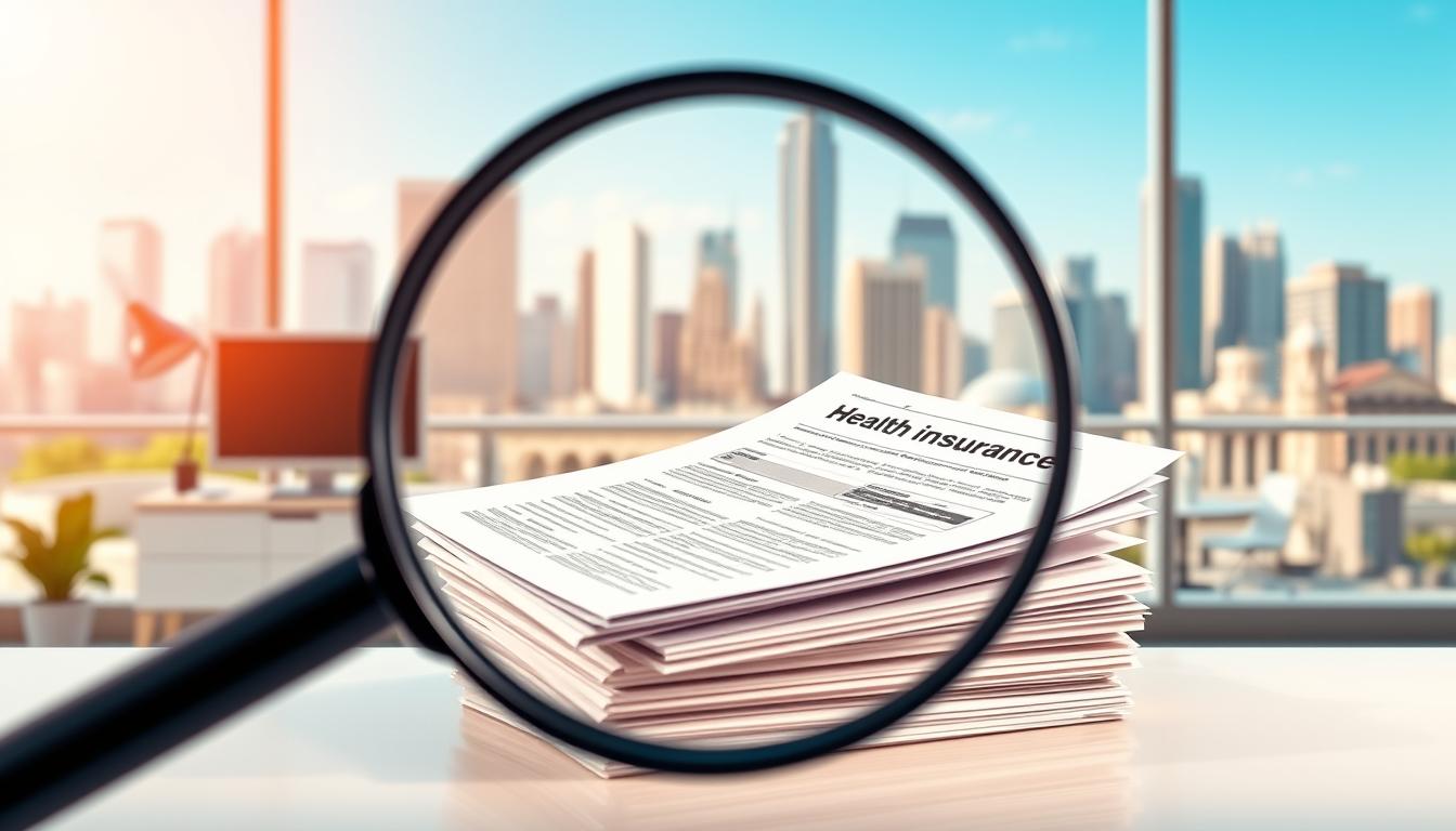 A vibrant digital illustration depicting health insurance coverage. In the foreground, a magnifying glass hovers over a stack of insurance documents, highlighting the fine print and key details. The middle ground features a sleek, modern office setting with a desk, computer, and professional accessories, conveying a sense of security and expertise. The background showcases a cityscape, with skyscrapers and a clear blue sky, symbolizing the breadth and scope of the insurance industry. Soft, diffused lighting creates a warm, inviting atmosphere, while the use of bold colors and clean lines emphasizes the importance of comprehensive and accessible health coverage. A vibrant digital illustration depicting health insurance coverage. In the foreground, a magnifying glass hovers over a stack of insurance documents, highlighting the fine print and key details. The middle ground features a sleek, modern office setting with a desk, computer, and professional accessories, conveying a sense of security and expertise. The background showcases a cityscape, with skyscrapers and a clear blue sky, symbolizing the breadth and scope of the insurance industry. Soft, diffused lighting creates a warm, inviting atmosphere, while the use of bold colors and clean lines emphasizes the importance of comprehensive and accessible health coverage.