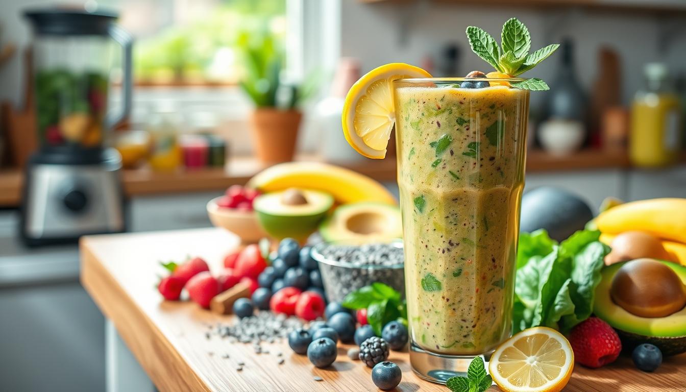 A vibrant display of detox weight loss smoothies, expertly crafted with a variety of fresh, colorful ingredients. In the foreground, a tall glass filled with a rich, creamy blend of kale, spinach, and tropical fruits, garnished with a slice of lemon and a sprig of mint. In the middle ground, an assortment of smoothie ingredients, including berries, avocado, and chia seeds, arranged artfully on a wooden surface. The background features a sun-drenched kitchen counter, with a blender and various jars and bottles, conveying a sense of health, wellness, and natural goodness.