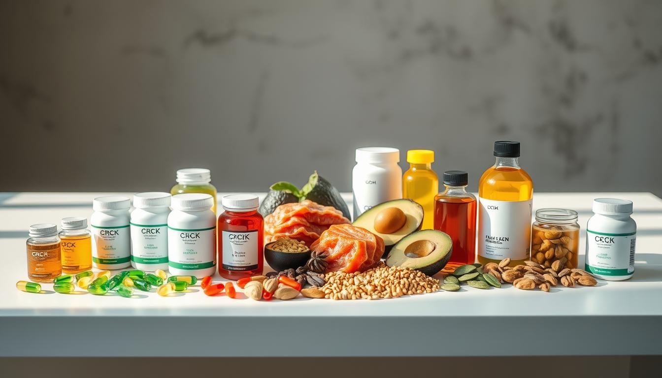 A vibrant display of health supplements arranged on a sleek, modern table, bathed in warm, natural lighting. In the foreground, a selection of capsules, powders, and tinctures in various hues of green, red, and amber, each representing a different CCK-activating compound. The middle ground features a collection of whole foods - lean proteins, avocados, nuts, and seeds - which work synergistically with the supplements to optimize CCK hormone levels. In the background, a minimalist backdrop of muted grays and whites, allowing the vibrant, colorful elements to take center stage, conveying a sense of scientific precision and wellness.