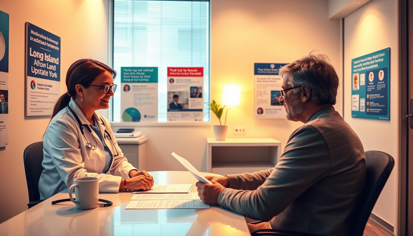A vibrant doctor's office, warm lighting casting a soothing glow across the modern, minimalist interior. In the foreground, a middle-aged patient sits at a desk, reviewing paperwork with a compassionate healthcare worker. The background showcases informative posters and brochures, highlighting the process of Medicaid renewal in Long Island and Upstate New York. The scene conveys a sense of reassurance and professionalism, with a focus on the personal interaction between the patient and the knowledgeable staff member.
