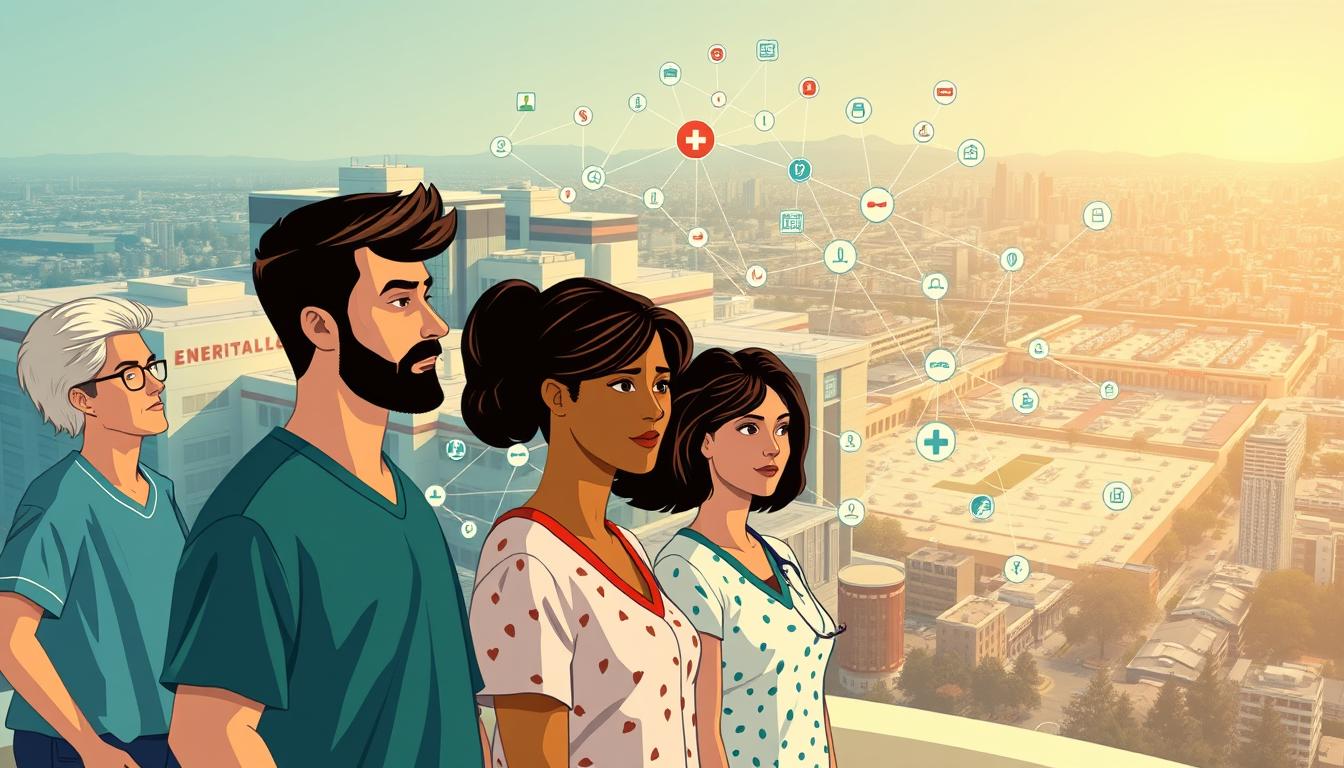 A vibrant, dynamic illustration of the intricate relationship between personal income and health insurance coverage in the United States. In the foreground, a diverse group of individuals, each with a unique financial profile, stands before a sprawling medical facility, their facial expressions conveying a range of emotions - from worry to relief. The middle ground showcases a network of interconnected healthcare icons, symbolizing the complex web of policies, subsidies, and regulations that shape the industry. In the background, a panoramic cityscape serves as a reminder of the broader economic and social context that influences healthcare accessibility. Soft, warm lighting casts a hopeful glow, suggesting the potential for positive change and improved outcomes for all.