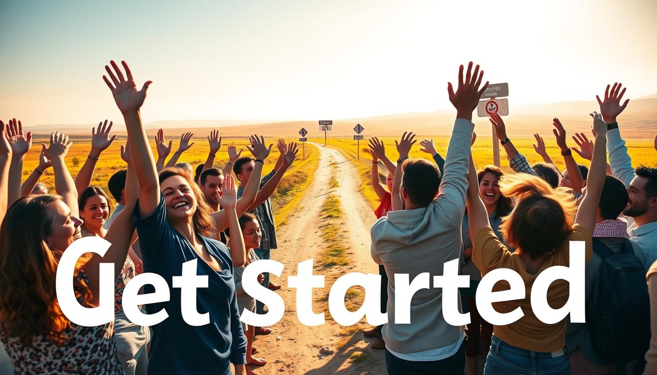 A vibrant, dynamic scene depicting the "get started" concept. In the foreground, a group of diverse people enthusiastically raising their hands, faces filled with determination and excitement. In the middle ground, a path leading forward, with signposts and milestones guiding the way. The background features a warm, sunlit landscape, conveying a sense of possibility and optimism. The lighting is bright and natural, casting long shadows and highlighting the energy and movement of the scene. Captured with a wide-angle lens to emphasize the depth and scale of the image, creating an immersive and inspirational visual experience.