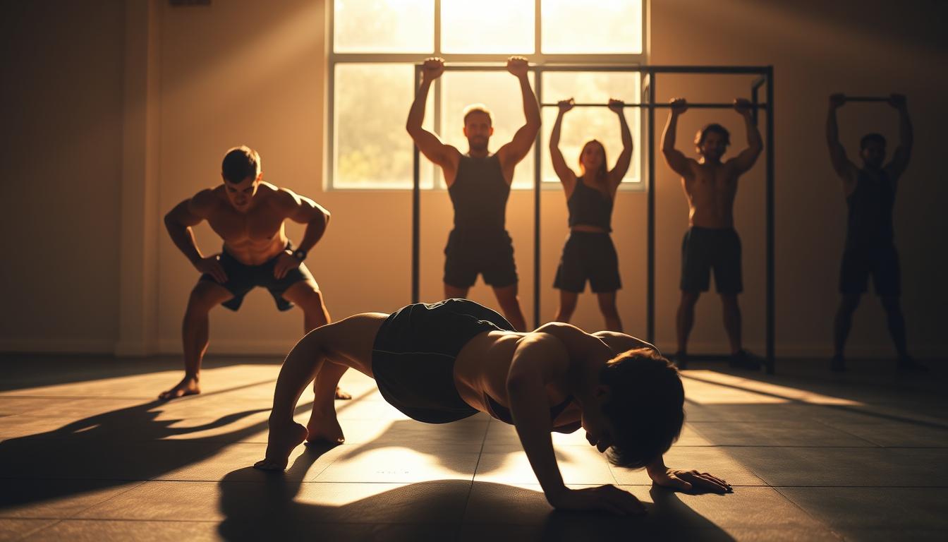 A vibrant, dynamic scene showcasing a progression of bodyweight exercises. In the foreground, a muscular figure performs a push-up, their body in perfect form. Behind them, a figure does a squat, legs powerfully extending. In the middle ground, a person holds a plank, core engaged. In the background, silhouettes of individuals execute pull-ups, their bodies strained yet determined. The scene is bathed in warm, natural lighting, creating a sense of energy and vitality. The angles are varied, capturing the exercises from multiple perspectives to highlight the movements. The overall atmosphere conveys the transformative power of bodyweight training, inspiring the viewer to take action and master these fundamental exercises. A vibrant, dynamic scene showcasing a progression of bodyweight exercises. In the foreground, a muscular figure performs a push-up, their body in perfect form. Behind them, a figure does a squat, legs powerfully extending. In the middle ground, a person holds a plank, core engaged. In the background, silhouettes of individuals execute pull-ups, their bodies strained yet determined. The scene is bathed in warm, natural lighting, creating a sense of energy and vitality. The angles are varied, capturing the exercises from multiple perspectives to highlight the movements. The overall atmosphere conveys the transformative power of bodyweight training, inspiring the viewer to take action and master these fundamental exercises.