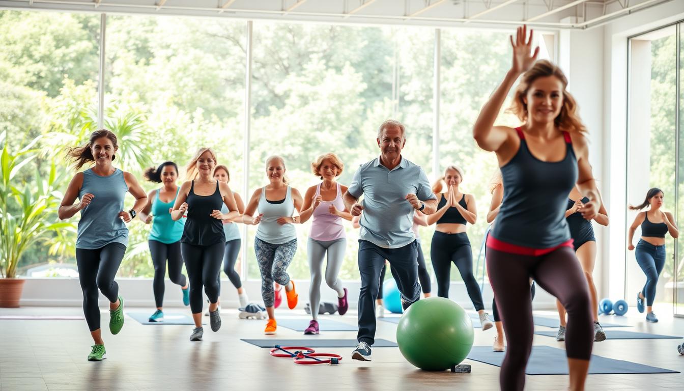 A vibrant, dynamic scene showcasing the benefits of free fitness programs. In the foreground, a diverse group of individuals - young and old, male and female - engaged in a variety of exercises, from jogging and bodyweight training to yoga and dance. The middle ground features a clean, minimalist gym-like environment with simple but effective equipment, such as resistance bands, exercise balls, and jump ropes. The background is filled with lush greenery, suggesting an outdoor setting or a well-lit, airy studio space. The lighting is bright and natural, casting a warm, invigorating glow over the entire scene. The overall mood is one of energy, positivity, and a sense of community, emphasizing the accessibility and effectiveness of free fitness programs.