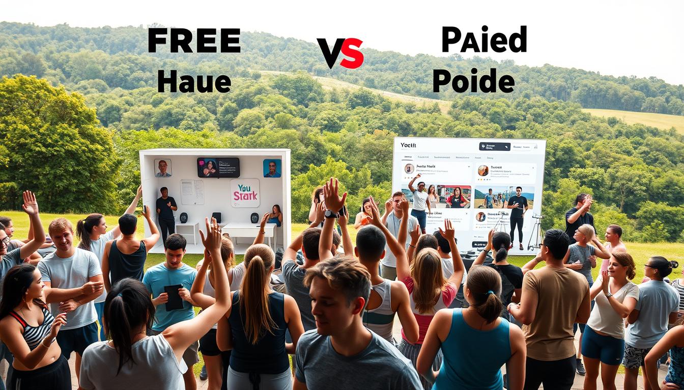 A vibrant, dynamic scene showcasing the key differences between free and paid fitness app communities. In the foreground, a diverse group of people enthusiastically engaging in various exercises, some using fitness tracking devices. The middle ground features two distinct community hubs, one with a minimalist, basic setup, the other more robust with advanced features and equipment. The background depicts a lush, verdant landscape, conveying a sense of wellness and vitality. Warm, natural lighting illuminates the scene, captured with a wide-angle lens to emphasize the sense of depth and interconnectedness. The overall mood is one of energy, support, and the empowering potential of fitness app communities, both free and paid.