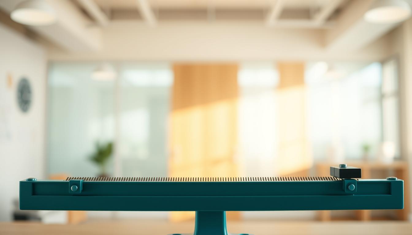 A vibrant, dynamic sliding scale against a soft, blurred background. In the foreground, the scale itself takes center stage, with clear gradations and markers to depict the range of options. The scale is rendered in a bold, striking color palette, perhaps shades of blue or green, to convey a sense of clarity and precision. The middle ground features a muted, out-of-focus backdrop, suggesting a professional setting, such as an office or clinic. The lighting is warm and natural, creating a calming, inviting atmosphere. The overall composition is balanced and visually appealing, drawing the viewer's attention to the key element of the sliding scale.