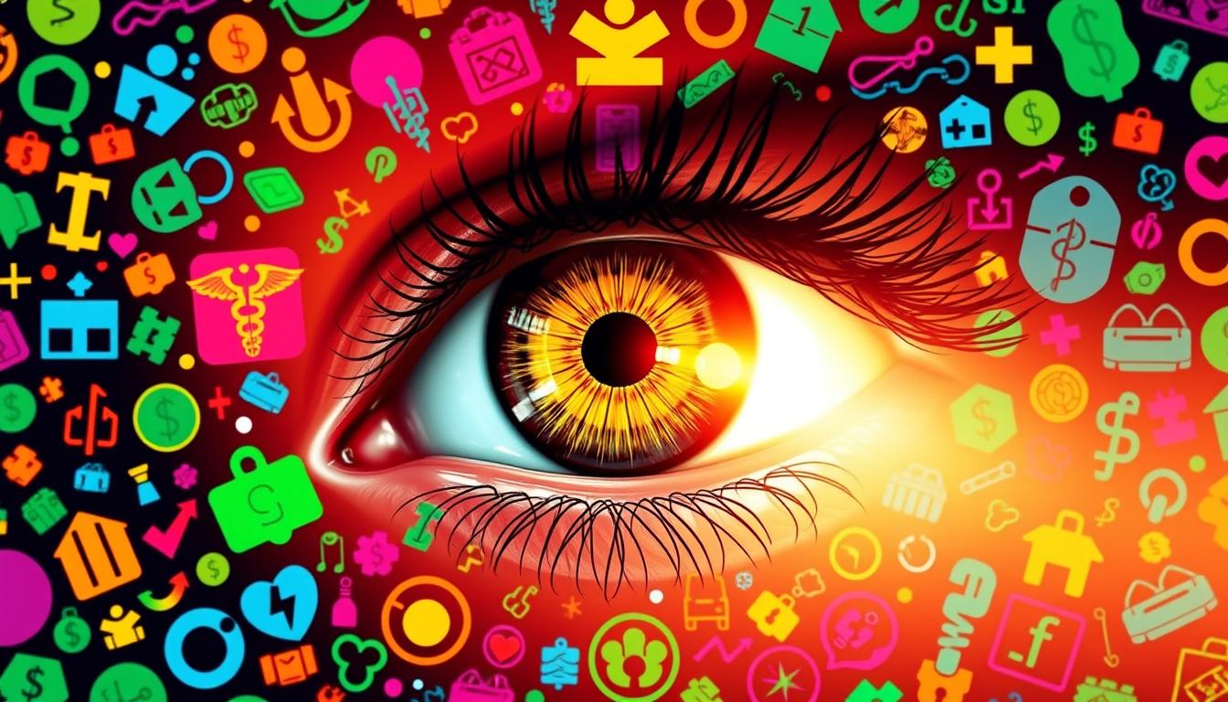 A vibrant eye surrounded by a kaleidoscope of colorful insurance icons, representing the value and importance of vision coverage. The eye is sharply focused, conveying the clarity and vision that quality insurance provides. The background features a dynamic array of medical symbols, dollar signs, and other financial elements, suggesting the comprehensive nature of a well-designed vision plan. Bright, warm lighting illuminates the scene, evoking a sense of security and peace of mind. The overall composition highlights the vital role that vision insurance plays in maintaining optimal health and well-being.