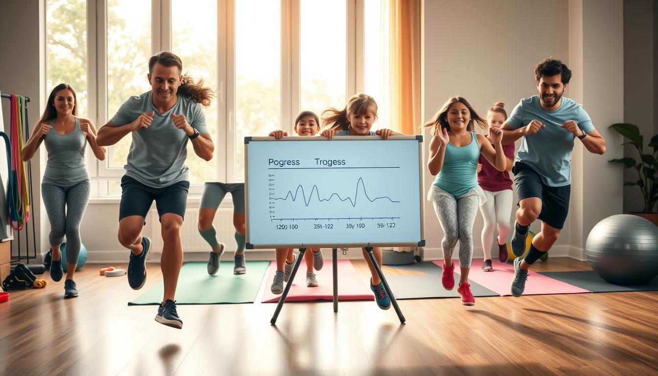 A vibrant family engaging in various fitness activities, their progress tracked on a whiteboard or digital display in the middle ground. The foreground features the family - a mix of adults and children - doing exercises like jumping jacks, squats, and running in place, their faces animated with determination. The background showcases a home gym setup with basic equipment like resistance bands, yoga mats, and a stability ball. Warm, natural lighting filters through large windows, casting a glow on the scene. The overall atmosphere conveys a sense of togetherness, progress, and a healthy, active lifestyle.
