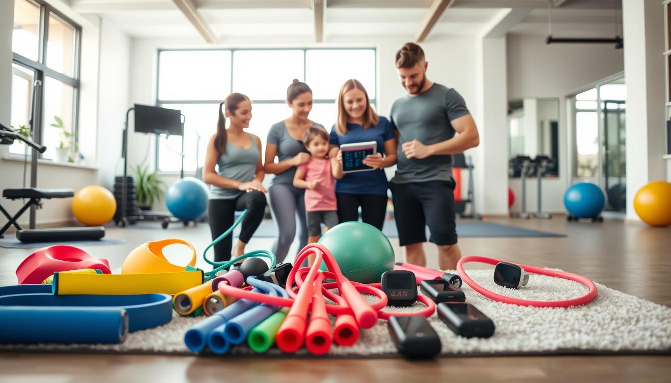 A vibrant family fitness assessment scene set in a well-lit home gym. In the foreground, an array of diverse fitness tools - resistance bands, exercise balls, jump ropes, and heart rate monitors - lie neatly arranged on a plush yoga mat. In the middle ground, a family of four - parents and two children - stand together, their expressions attentive as they consult a tablet displaying their fitness data. The background showcases a modern, spacious gym setting with sleek equipment and large windows allowing natural light to flood the space, creating an energetic and inspiring atmosphere.