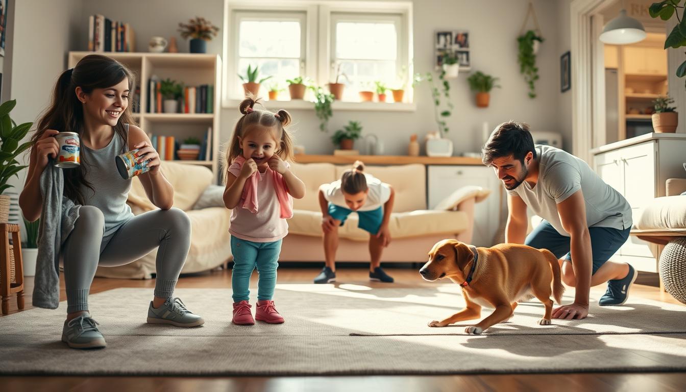 A vibrant family workout scene in a cozy home setting. In the foreground, a mother and two children perform squats and lunges using everyday household items like canned goods and towels as makeshift weights. In the middle ground, the father does push-ups on the living room floor, while the family dog watches curiously. The background features a cheerful, sun-drenched living room with bookshelves, potted plants, and glimpses of a kitchen. The lighting is warm and natural, creating a relaxed, inviting atmosphere. The overall mood is one of togetherness, movement, and a sense of making the most of limited space to stay active as a family.