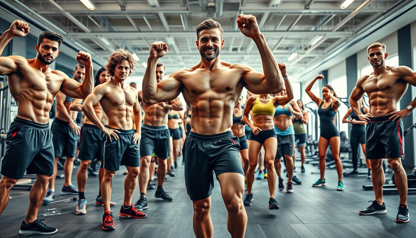 A vibrant fitness transformation showcase, captured in a dynamic collage. The foreground features several muscular, radiant individuals showcasing their toned physiques, mid-workout or striking powerful poses. Their expressions exude confidence and pride. The middle ground depicts the community aspect, with groups of people engaged in various high-intensity exercises, their movements frozen in time. The background provides a sleek, modern gym setting, with state-of-the-art equipment and a clean, minimalist aesthetic. The lighting is bright and natural, highlighting the energy and passion of the participants. Captured through a wide-angle lens, the scene conveys a sense of unity, inspiration, and the power of collaborative fitness journeys.