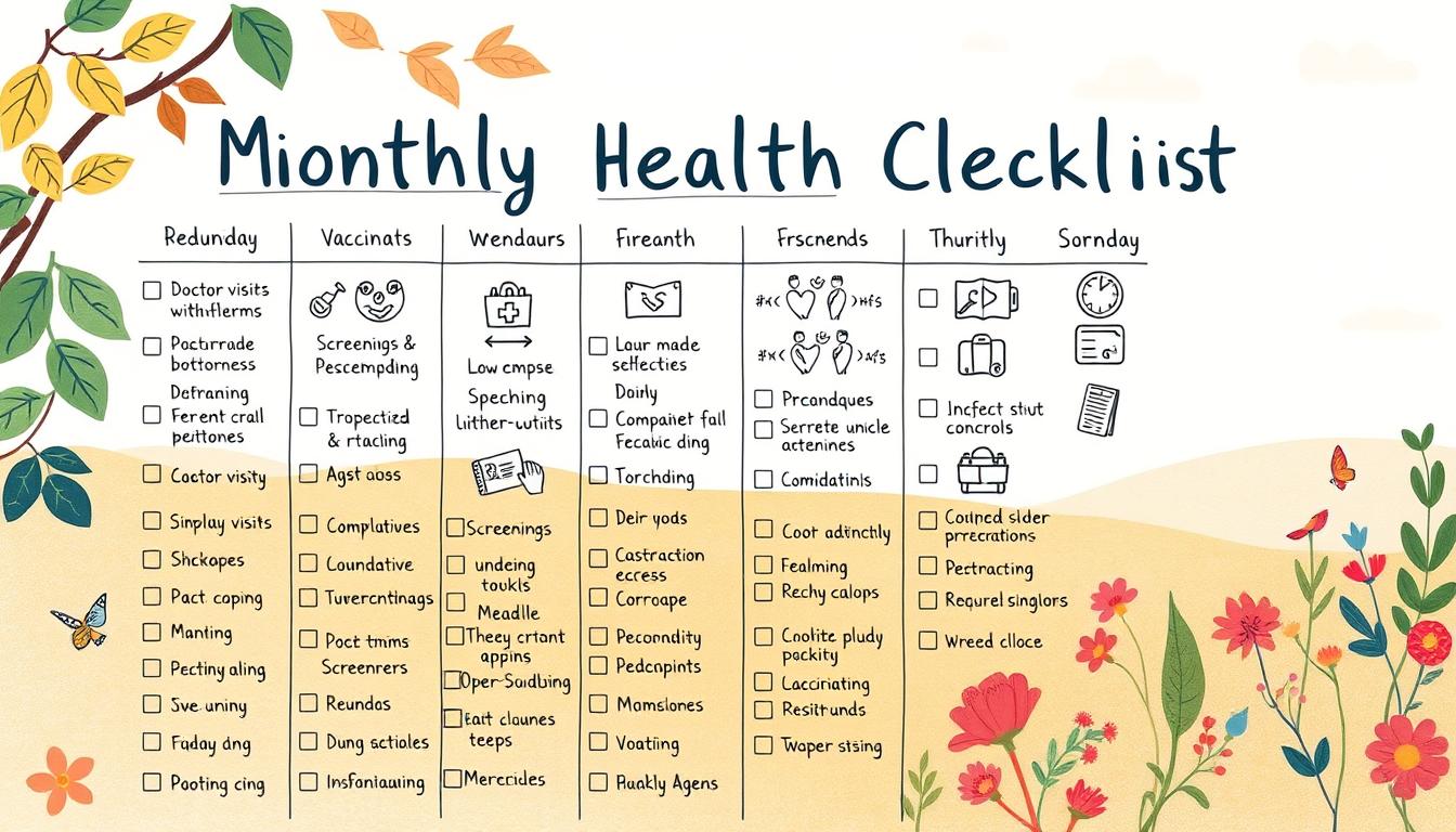 A vibrant, hand-drawn style monthly health checklist, rendered in a warm, natural color palette. In the foreground, a detailed list of routine care items - doctor visits, vaccinations, screenings, and preventative measures - organized by month. The middle ground features stylized icons and illustrations representing each task. The background showcases a soft, watercolor-like landscape with soothing natural elements like leaves, flowers, and a gentle sky. The overall composition conveys a sense of organization, clarity, and wellness, seamlessly aligning with the article's focus on family health needs.