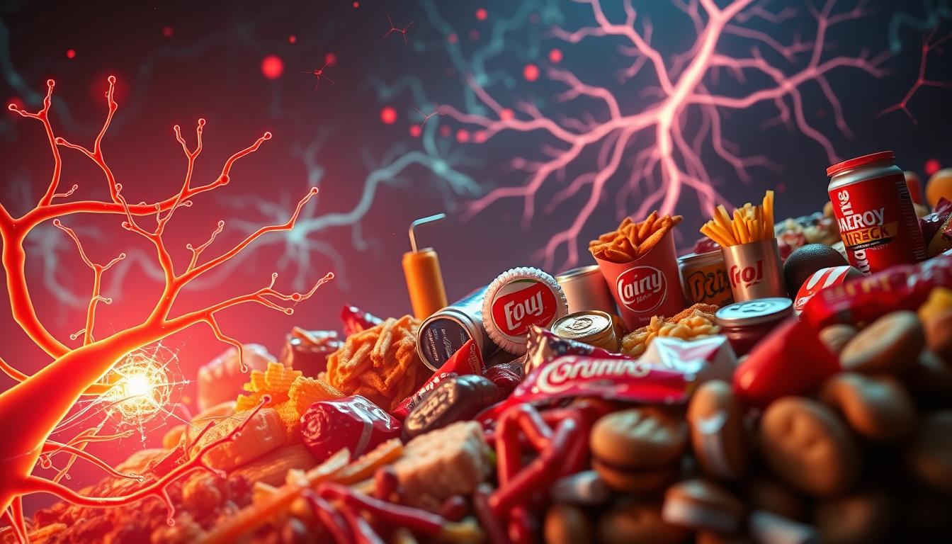 A vibrant, high-contrast scene depicting the tug-of-war between hunger hormones and processed foods. In the foreground, a central nervous system-inspired graphic with pulsing ghrelin and CCK hormones. In the middle ground, a jumble of processed snacks, fast food, and sugary drinks. The background features an abstract, neon-tinged landscape of synaptic connections and neural pathways. Dramatic, cinematic lighting creates a sense of dynamic tension. Shot from a low, wide-angle perspective to convey the scope and scale of the battle between natural and artificial appetite signals.