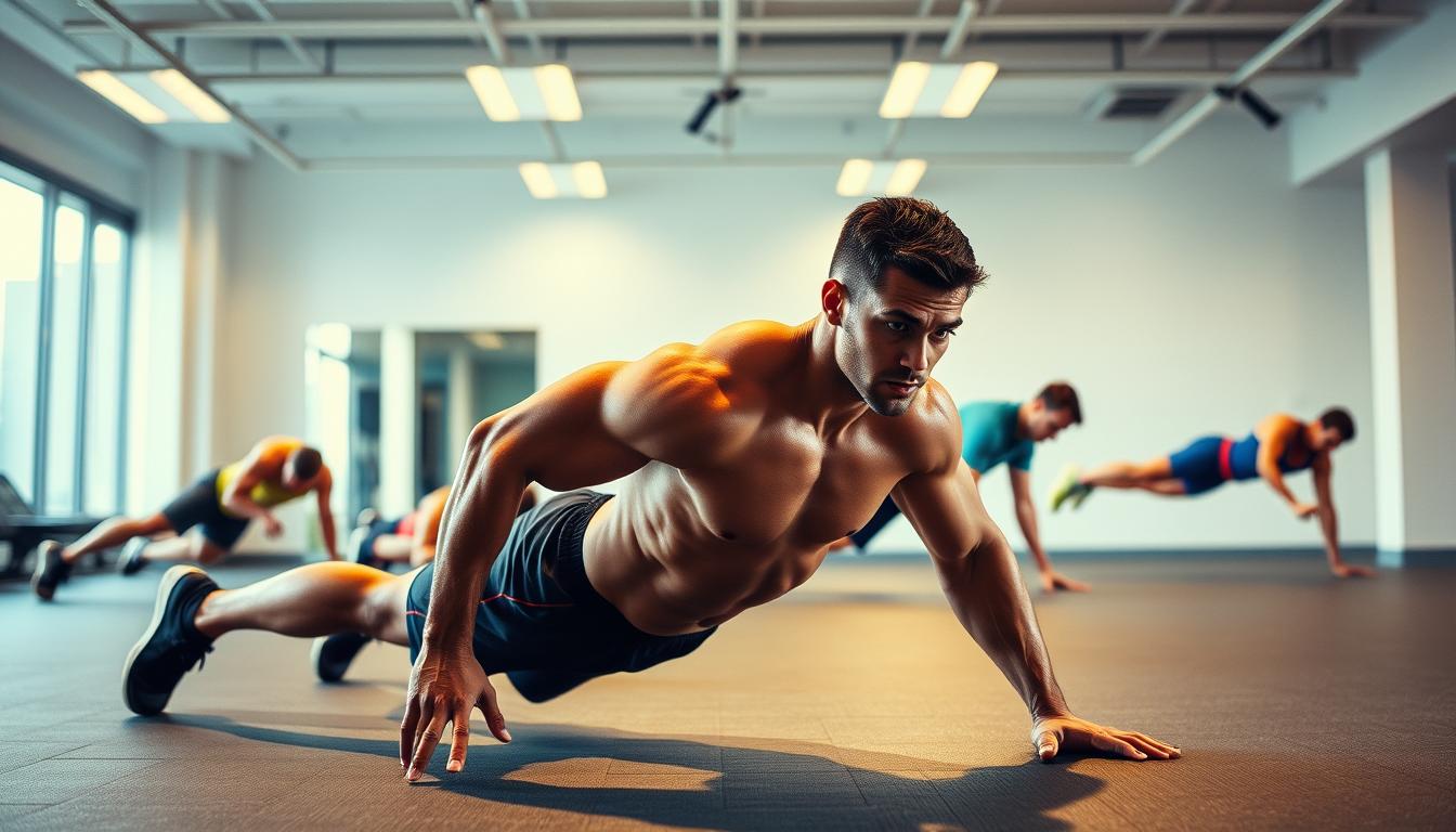A vibrant, high-energy scene showcasing an athlete performing a variety of dynamic bodyweight core exercises. In the foreground, a muscular individual is executing a set of planks, mountain climbers, and side plank raises, their body toned and focused. The middle ground features a balanced mix of other core-strengthening movements like Russian twists, leg raises, and ab crunches, all performed with precision. The background is a bright, clean gym setting with minimal distractions, emphasizing the subject's dedication to their workout. Warm, diffused lighting creates a motivating atmosphere, accentuating the subject's athleticism and the effectiveness of these bodyweight core development exercises.