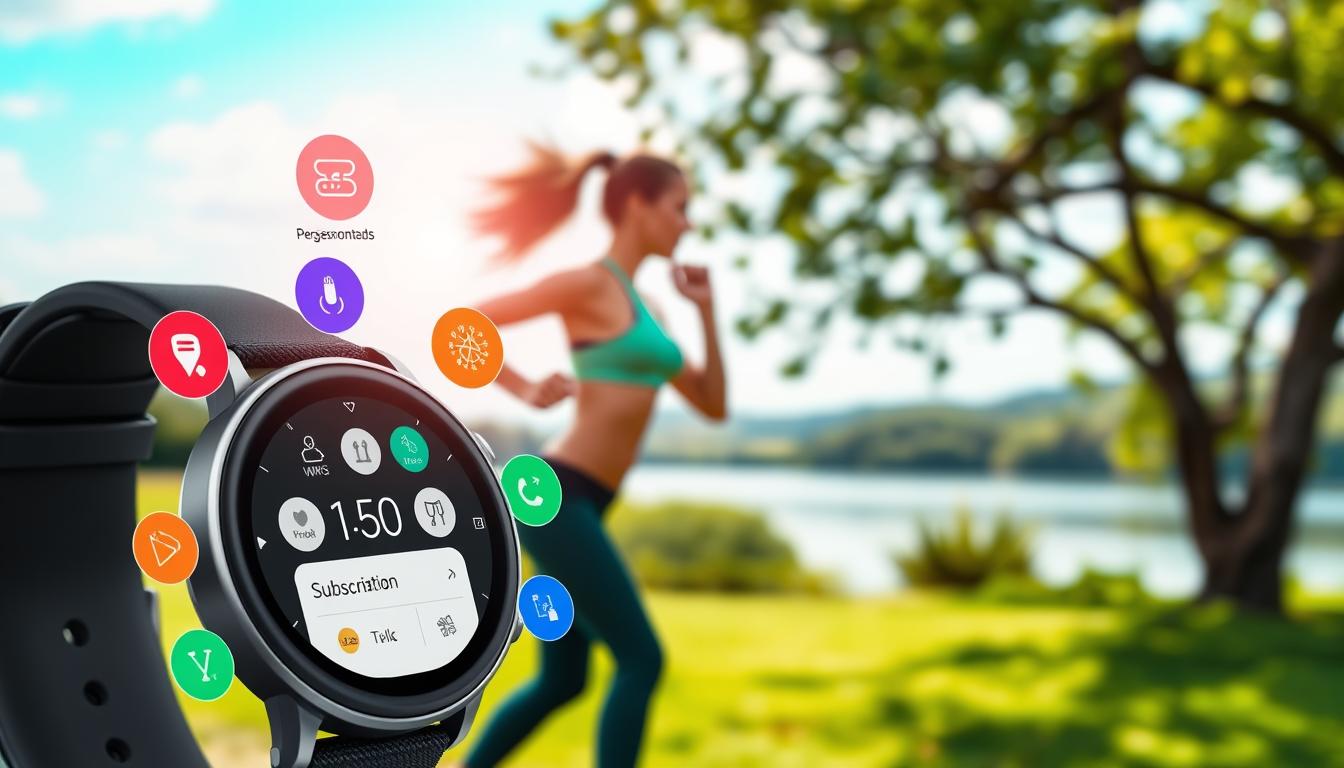 A vibrant, high-resolution image of the benefits of paid fitness apps. In the foreground, a smartwatch displays various fitness metrics and a subscription interface. Surrounding it are colorful icons representing features like personalized workout plans, real-time coaching, progress tracking, and community support. In the middle ground, a person is engaged in a dynamic exercise routine, their movements blurred to convey a sense of energy and activity. In the background, a serene, nature-inspired setting with lush greenery and a tranquil body of water, evoking a sense of balance and well-being. The overall composition emphasizes the intersection of technology, fitness, and personal wellness, conveying the holistic advantages of investing in a paid fitness app.