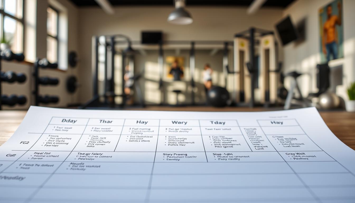 A vibrant, highly-detailed weekly exercise schedule laid out in a clean, minimalist style. In the foreground, a crisp grid layout showcases various workout activities for each day, with icons and text clearly delineating the regimen. The middle ground features a soft, blurred background of a modern, well-equipped home gym, hinting at the ideal environment for this free workout plan. The lighting is bright and natural, casting a warm, energizing glow across the scene. The overall composition has a sense of organization and productivity, inspiring the viewer to take charge of their fitness journey.