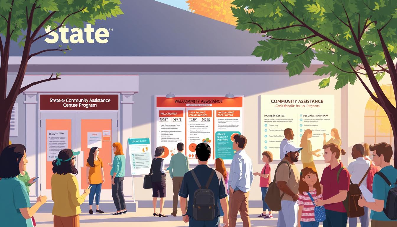A vibrant illustration of a state or community assistance program, showcasing a welcoming community center with a clean, modern exterior. In the foreground, a diverse group of people engage in friendly discussions, perhaps inquiring about available resources or signing up for benefits. The middle ground features informative posters and signage, highlighting the various services and discounts offered, all bathed in warm, natural lighting. In the background, a sense of community and support radiates, with people of all ages and backgrounds interacting and connecting.