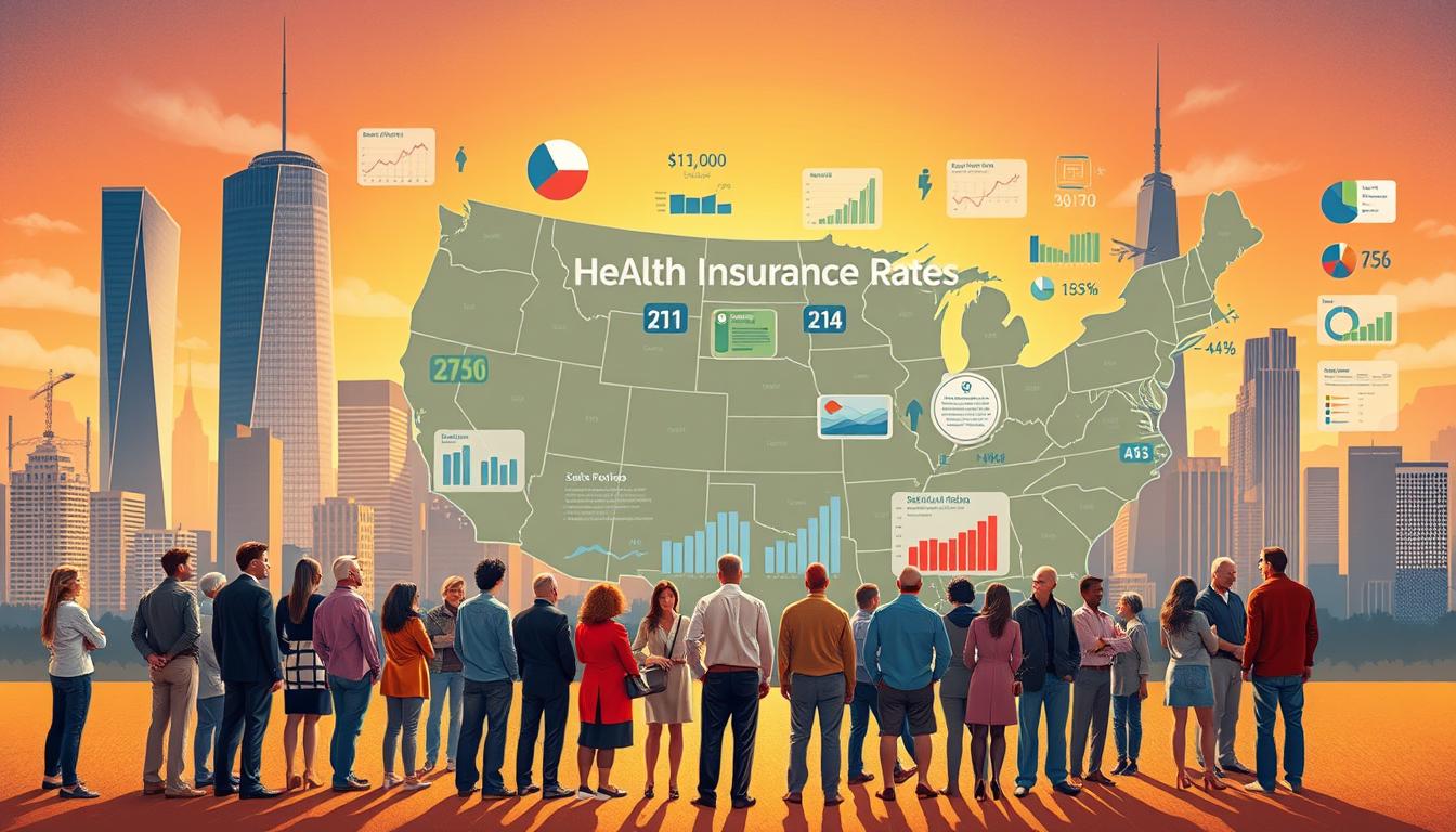 A vibrant illustration showcasing the impact of state policies on health insurance rates. In the foreground, a diverse group of individuals, each representing a different state, stand against a backdrop of towering skyscrapers and city skylines. The middle ground features a dynamic array of data visualizations, charts, and graphs, conveying the complex interplay between state regulations, market forces, and consumer costs. The background is bathed in a warm, golden light, creating a sense of depth and emphasizing the significance of the issue. The overall composition is visually striking, with a careful balance of human elements and data-driven insights, effectively capturing the essence of how state-level decisions shape the health insurance landscape.