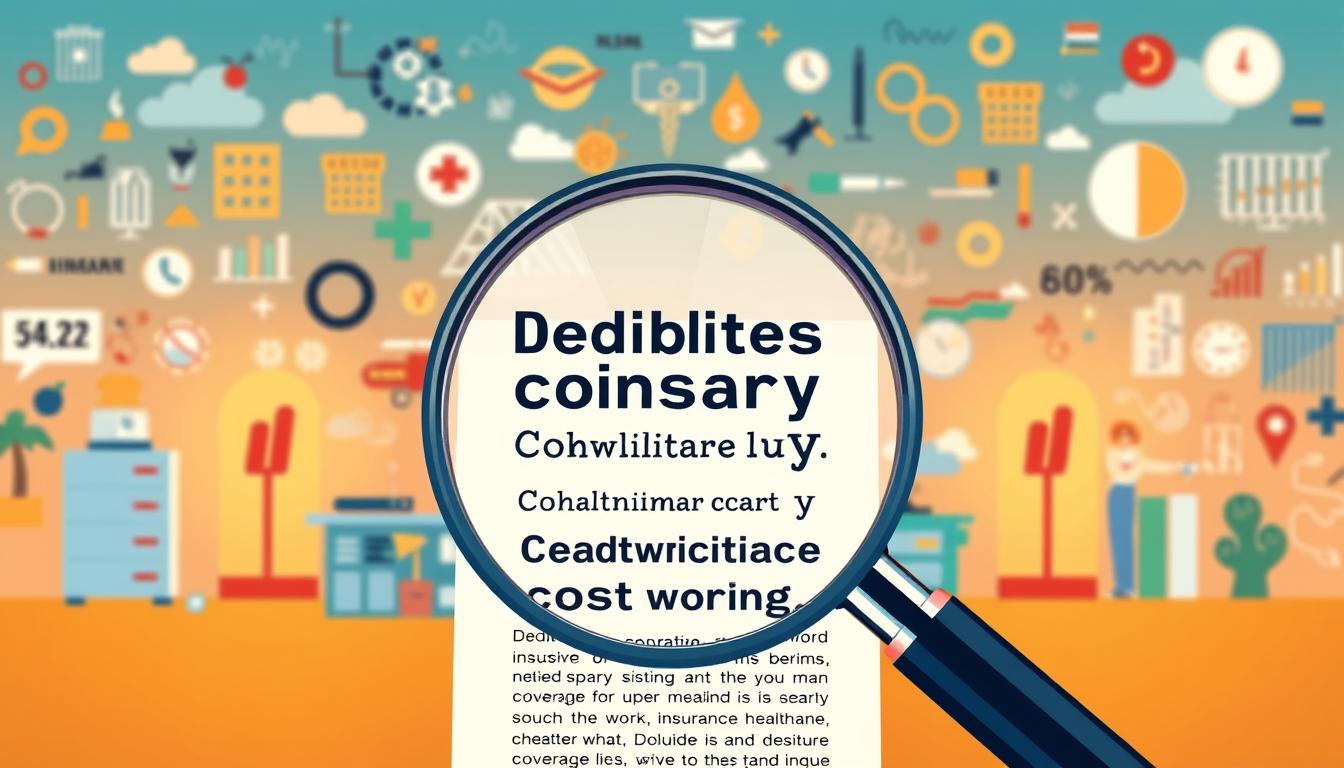A vibrant illustration showcasing the key components of healthcare costs: deductibles, coinsurance, and network coverage. In the foreground, a magnifying glass highlights the fine print, revealing the intricate details of these financial terms. The middle ground depicts a stylized medical system, with various icons and symbols representing the complexities of insurance plans. In the background, a dynamic visual landscape of charts, graphs, and data visualizations provides context and depth, emphasizing the need to look beyond just premiums when comparing healthcare options. Warm lighting and a clean, modern aesthetic create an informative yet visually appealing image.
