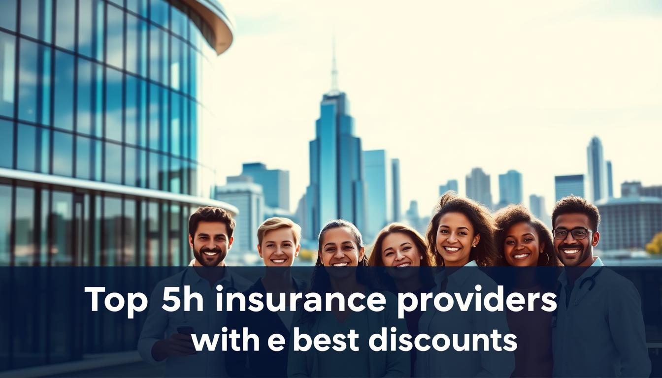 A vibrant image showcasing the top 5 health insurance providers with the best discounts. In the foreground, a modern office building with sleek glass facades, representing the headquarters of the leading insurance companies. In the middle ground, a group of smiling people, diverse in age and ethnicity, symbolizing the diverse customer base. The background features a cityscape with skyscrapers and a blue sky, conveying a sense of prosperity and growth. The scene is bathed in warm, natural lighting, creating a welcoming and trustworthy atmosphere. The overall composition is balanced, with clean lines and a harmonious color palette that evokes a sense of reliability and professionalism in the health insurance industry.