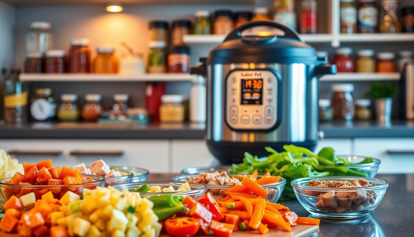 A vibrant kitchen countertop, showcasing an array of time-saving meal solutions. In the foreground, a selection of prepped ingredients, neatly organized - diced vegetables, pre-cooked proteins, and pre-measured spices. In the middle ground, a sleek, modern appliance, such as a slow cooker or instant pot, emitting a warm glow. The background features a well-stocked pantry, with jars and cans of healthy, nutritious staples. Warm, natural lighting filters in, casting a soft, inviting ambiance. The overall scene conveys the efficiency and convenience of these meal prep strategies, ideal for the "Time Investment Analysis" section of the article. A vibrant kitchen countertop, showcasing an array of time-saving meal solutions. In the foreground, a selection of prepped ingredients, neatly organized - diced vegetables, pre-cooked proteins, and pre-measured spices. In the middle ground, a sleek, modern appliance, such as a slow cooker or instant pot, emitting a warm glow. The background features a well-stocked pantry, with jars and cans of healthy, nutritious staples. Warm, natural lighting filters in, casting a soft, inviting ambiance. The overall scene conveys the efficiency and convenience of these meal prep strategies, ideal for the "Time Investment Analysis" section of the article.