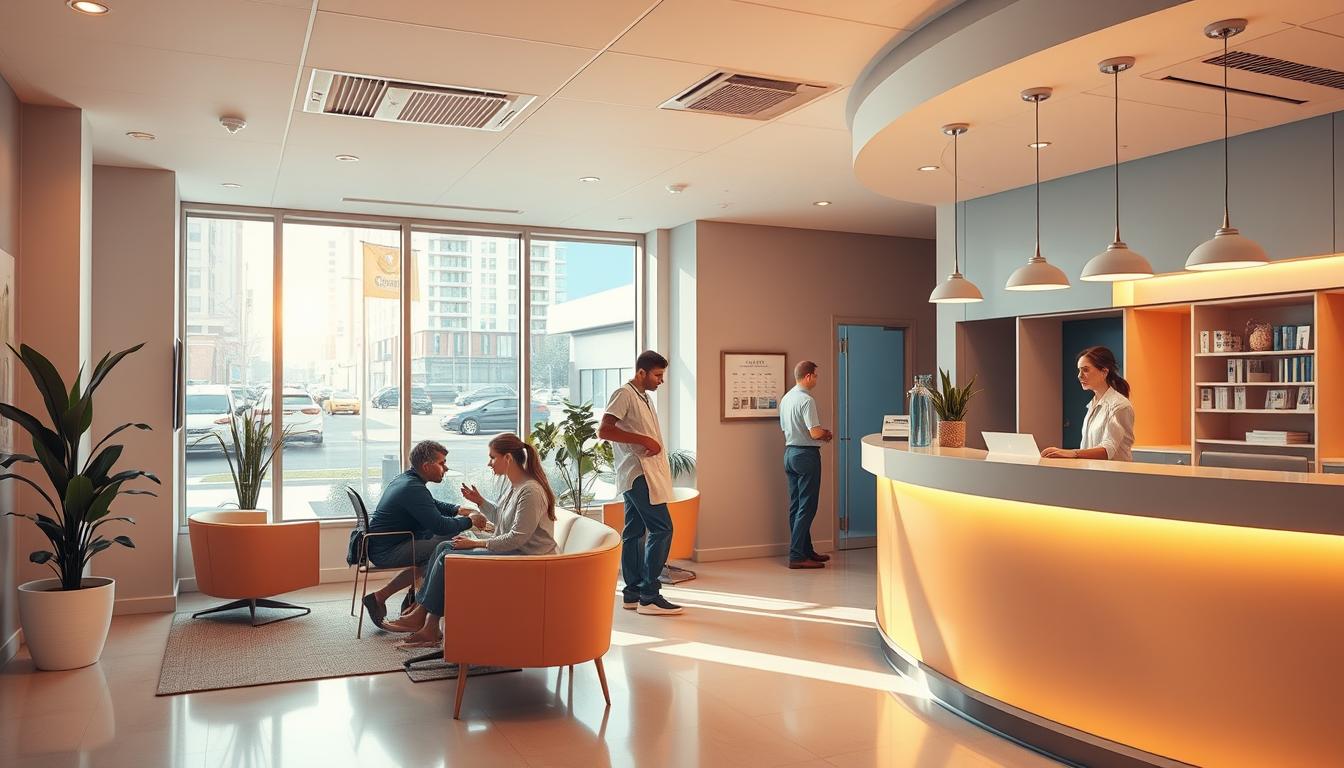 A vibrant medical clinic interior, with a welcoming reception area and friendly staff assisting patients. Warm lighting illuminates the modern design, featuring clean lines, soothing colors, and comfortable seating. In the background, a large window offers a glimpse of a bustling city street, symbolizing the accessibility and convenience of quality healthcare. The overall atmosphere conveys a sense of professionalism, efficiency, and a commitment to patient well-being.