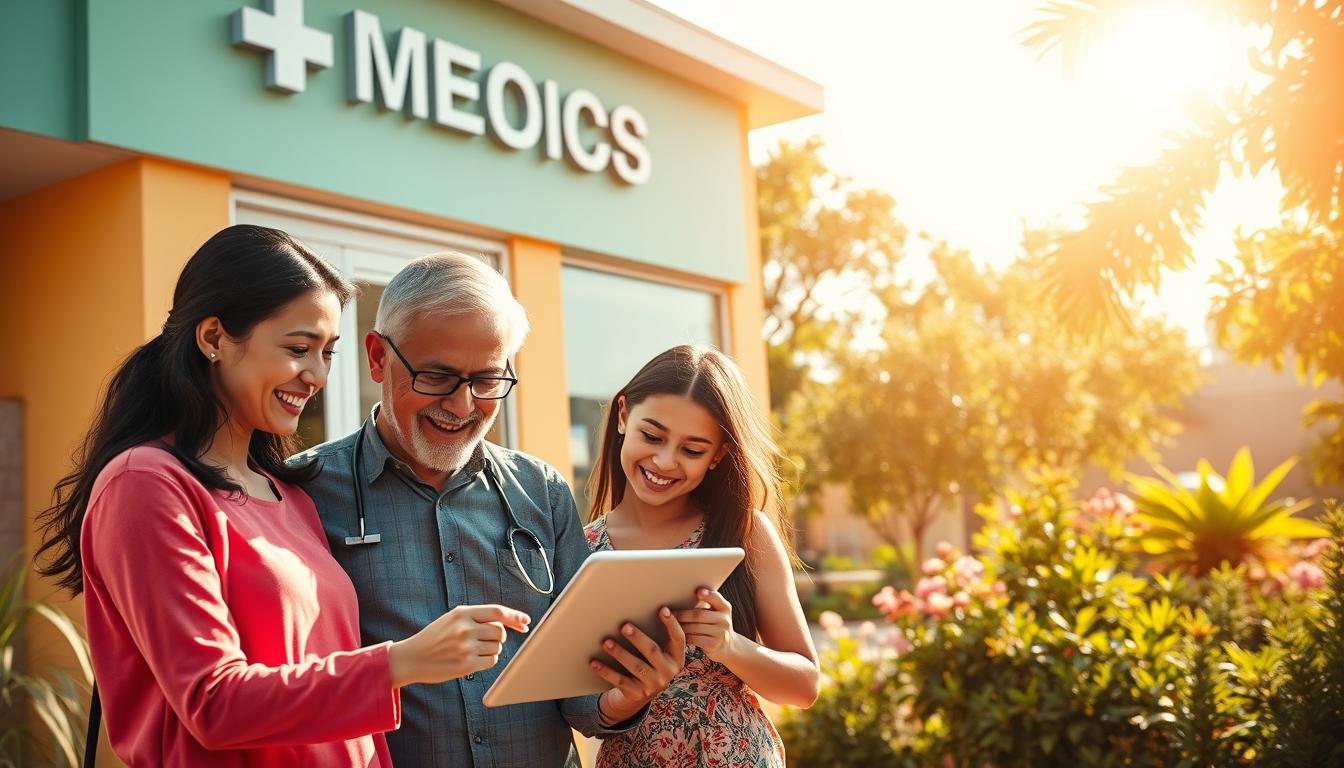 A vibrant medical clinic, its exterior bathed in warm sunlight, stands as a beacon of wellness. In the foreground, a smiling family examines a tablet, exploring ways to cut their health expenses without compromising care. The middle ground showcases a diverse array of services, from preventative checkups to affordable prescriptions, all designed to keep costs low. In the background, a tranquil garden oasis offers a serene respite, symbolizing the balance between financial prudence and holistic health. Crisp, wide-angle photography captures the inviting atmosphere, drawing the viewer into this oasis of cost-effective care.