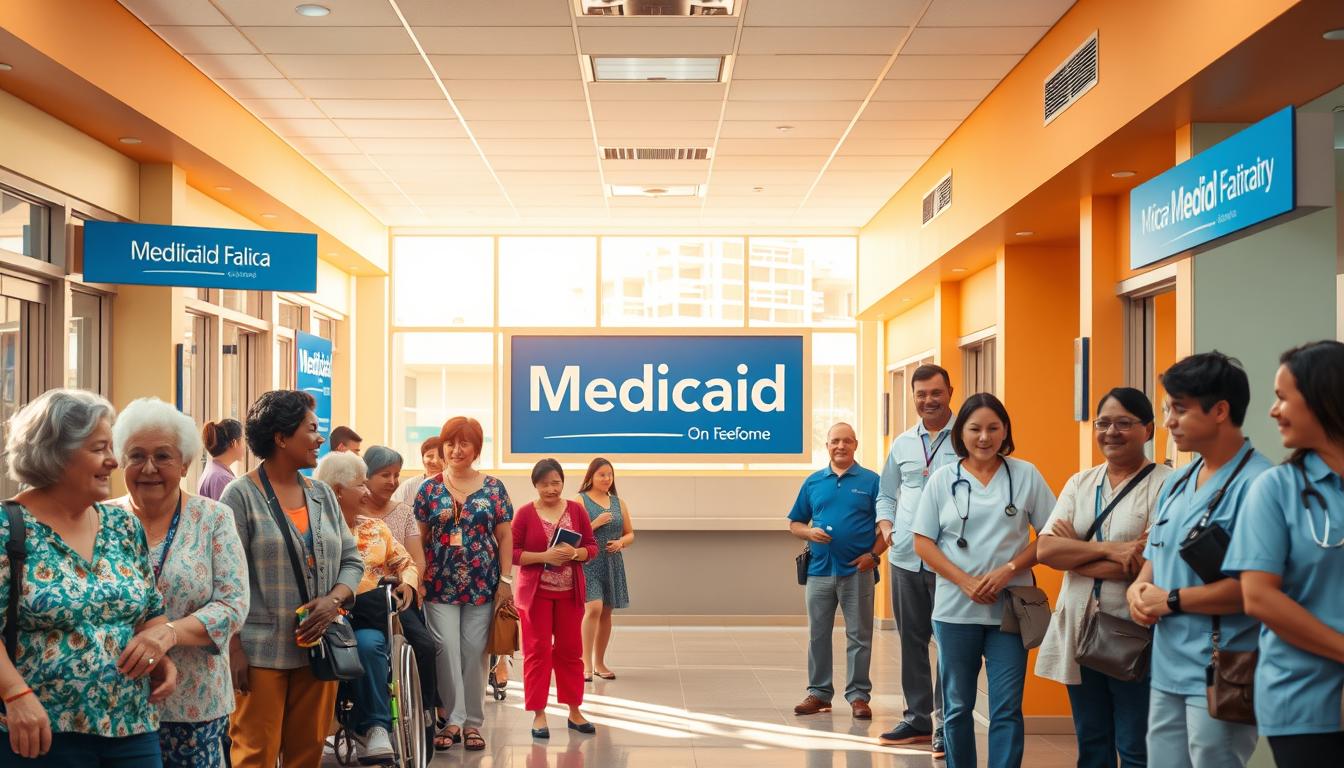 A vibrant medical facility with a welcoming, inclusive atmosphere. In the foreground, a diverse group of people - elderly, disabled, families, and individuals - waiting to be assisted by friendly staff. The middle ground showcases the Medicaid logo and signage, indicating the program's accessibility and coverage. The background features a warm, sun-drenched interior with soothing colors and natural light, creating a calming, modern environment. The overall scene conveys the Medicaid program's commitment to providing comprehensive healthcare to low-income communities.
