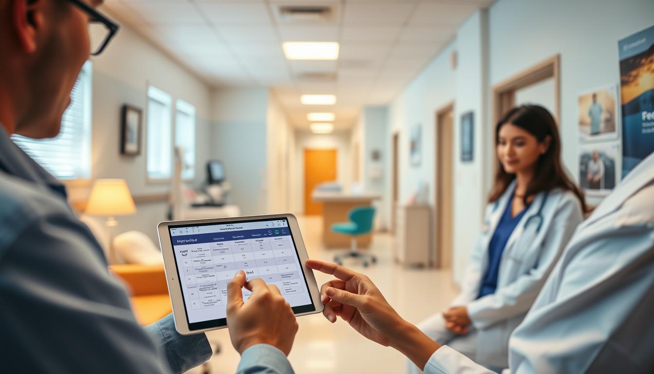 A vibrant medical office with doctors' examining rooms and a waiting area. In the foreground, a patient is reviewing a network coverage chart on a tablet, carefully verifying their provider network. The middle ground features examination tables, medical equipment, and a receptionist's desk. The background showcases a bright, well-lit hallway leading to other treatment rooms. Warm lighting, soft colors, and a sense of professionalism and care create a reassuring atmosphere. The scene conveys the importance of thoroughly understanding one's healthcare network before making a decision.