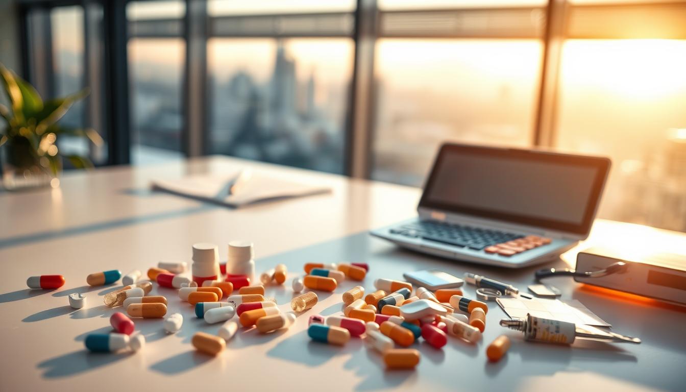 A vibrant medical scene depicting qualified expenses. In the foreground, a variety of pills, bandages, and other healthcare items are neatly arranged on a pristine white surface, illuminated by warm, natural lighting. In the middle ground, a sleek, modern desk holds a laptop, paperwork, and a calculator, hinting at the administrative tasks involved in managing these expenses. The background features a soothing, blurred cityscape, emphasizing the importance of healthcare in the context of everyday life. The overall atmosphere conveys a sense of organization, efficiency, and the careful consideration of medical costs.