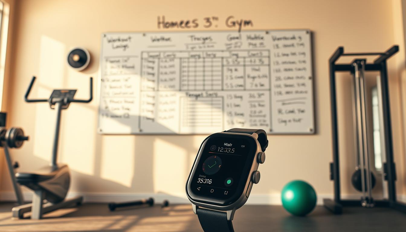 A vibrant, meticulously designed home gym setup with an array of fitness equipment and a prominent wall-mounted progress tracking board. The board displays neatly organized workout logs, metrics, and goals, all handwritten in a clean, minimalist style. The space is bathed in warm, natural lighting, casting a serene, motivating atmosphere. In the foreground, a sleek smartwatch with a fitness tracking interface takes center stage, complementing the theme of data-driven progress monitoring. The overall scene conveys a sense of efficiency, discipline, and a systematic approach to building a cost-effective, yet impactful fitness routine. A vibrant, meticulously designed home gym setup with an array of fitness equipment and a prominent wall-mounted progress tracking board. The board displays neatly organized workout logs, metrics, and goals, all handwritten in a clean, minimalist style. The space is bathed in warm, natural lighting, casting a serene, motivating atmosphere. In the foreground, a sleek smartwatch with a fitness tracking interface takes center stage, complementing the theme of data-driven progress monitoring. The overall scene conveys a sense of efficiency, discipline, and a systematic approach to building a cost-effective, yet impactful fitness routine.