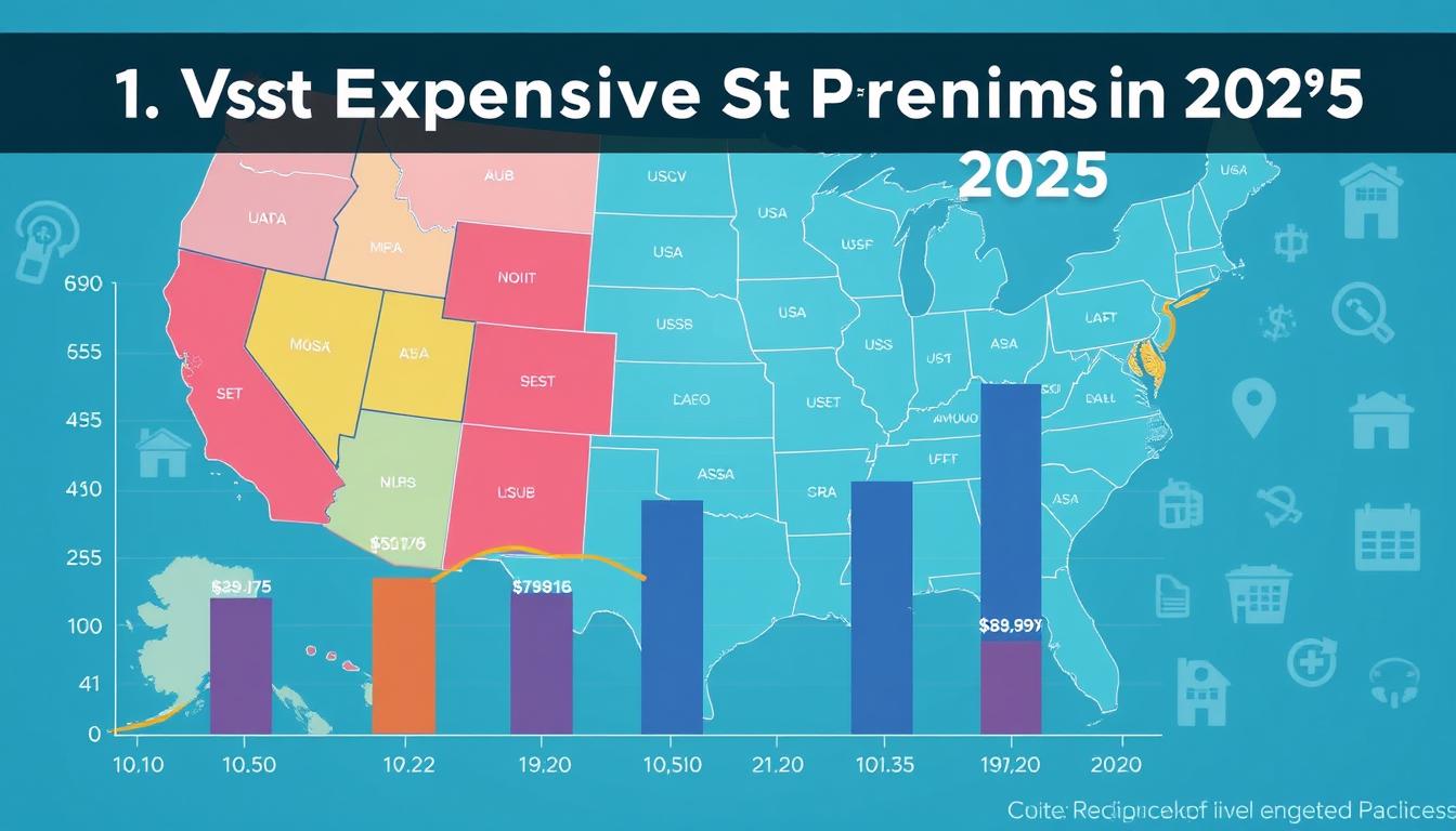 A vibrant, meticulously detailed data visualization showcasing the most expensive states for individual ACA premiums in 2025. The foreground features a prominent graph displaying the top 5 states with the highest average monthly premium costs, presented in a clear, infographic-style layout. The middle ground captures the geographic diversity of these high-cost regions, with stylized state outlines and detailed topographical features. The background subtly suggests the broader healthcare landscape, with faint icons representing medical facilities and insurance providers. The overall composition conveys a sense of authoritative analysis, blending striking visual design with insightful, data-driven insights.
