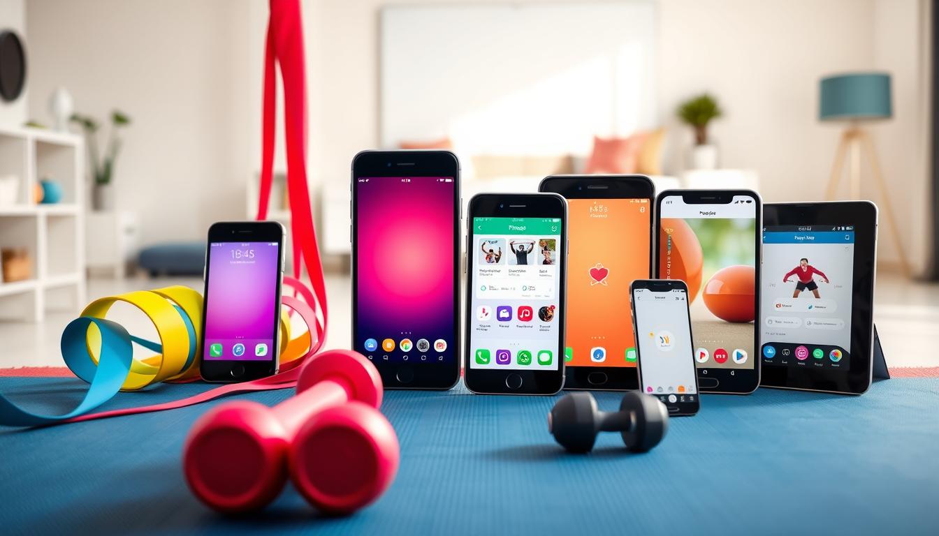 A vibrant, minimalist home gym setup with a variety of low-cost fitness apps displayed on various mobile devices. The foreground features an exercise mat, resistance bands, and a pair of dumbbells. In the middle ground, several smartphones and tablets are showcased, each displaying fitness app interfaces against a bright, clean background. The background subtly suggests a modern, well-lit living space with minimalist decor, highlighting the convenience and accessibility of these budget-friendly fitness solutions.