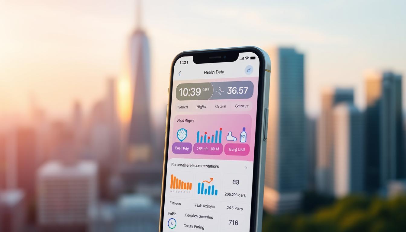 A vibrant mobile health app interface with a sleek, intuitive design showcasing real-time health data monitoring and personalized recommendations. In the foreground, a smartphone display with detailed charts and graphs tracking vital signs, medication schedules, and fitness activities. The middle ground features a smooth, gradient-based navigation menu with user-friendly icons and clear labeling. In the background, a blurred cityscape backdrop with a warm, natural lighting scheme, conveying a sense of connectivity and accessibility to healthcare on-the-go.