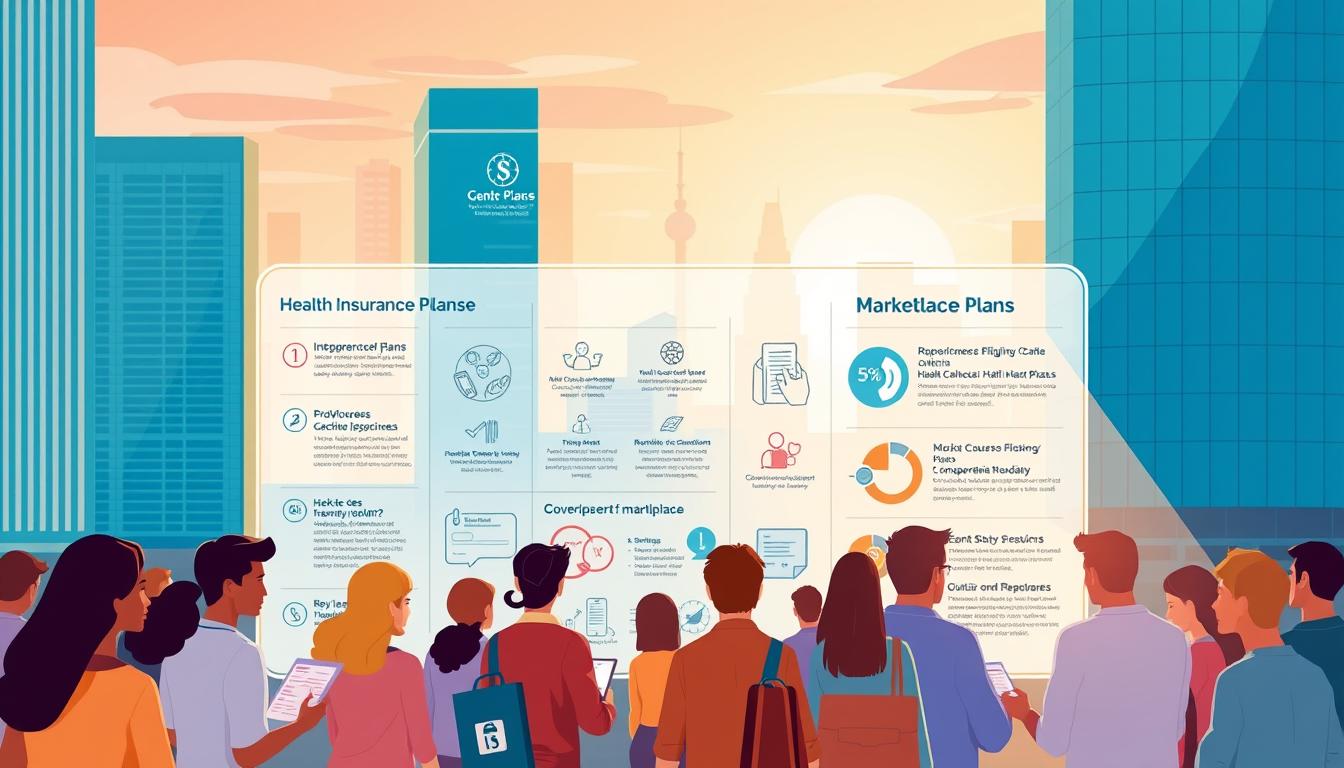 A vibrant, modern illustration of the health insurance marketplace. In the foreground, a diverse group of people browsing insurance plans on a sleek, minimalist digital interface. The middle ground features an array of icons and infographics highlighting the key protections, eligibility criteria, and coverage details of marketplace plans. In the background, a cityscape with gleaming skyscrapers and a warm, golden-hour lighting. The overall scene conveys a sense of accessibility, security, and the empowerment of informed healthcare choices.