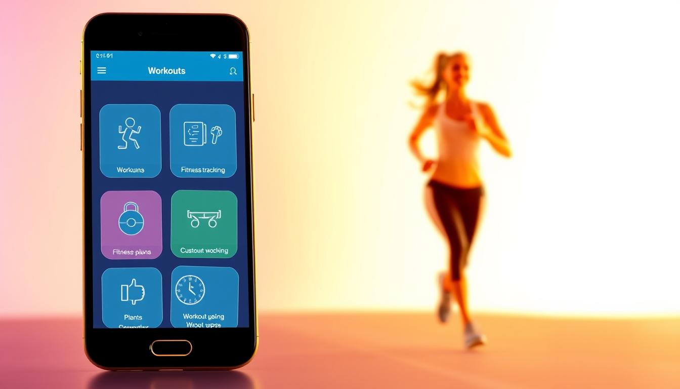 A vibrant, modern illustration showcasing the key features of cost-effective exercise apps. In the foreground, a smartphone displays a sleek, user-friendly app interface with icons for various workout routines, fitness tracking, and customizable workout plans. The middle ground features a person jogging against a blurred background, emphasizing the accessibility and convenience of these apps. The background is a soft gradient, creating a clean, minimalist aesthetic. Warm, natural lighting illuminates the scene, conveying a sense of energy and motivation. The overall composition highlights the practical, budget-friendly nature of these fitness apps, making exercise accessible to a wide audience.
