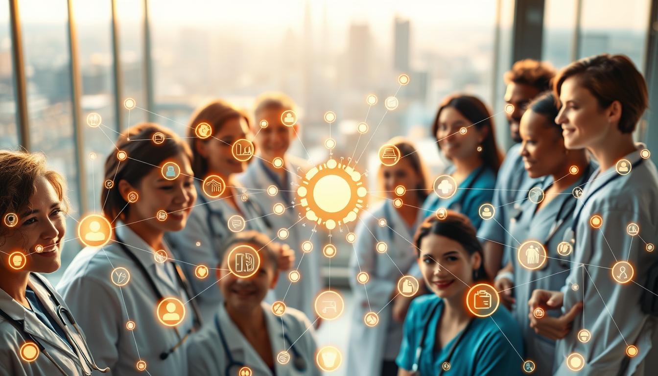 A vibrant network of healthcare providers, each a shining node in a dynamic web of care. The foreground showcases a diverse group of medical professionals, their faces alight with compassion as they consult with patients. In the middle ground, a intricate diagram of interconnected icons and pathways, representing the complex web of in-network coverage and referrals. The background reveals a softly blurred cityscape, hinting at the vast urban landscape where this network of care is woven. Warm lighting bathes the scene, creating a sense of comfort and trust. Captured through a wide-angle lens, the image conveys the comprehensive and inclusive nature of this provider network, ready to guide patients through the labyrinth of healthcare.
