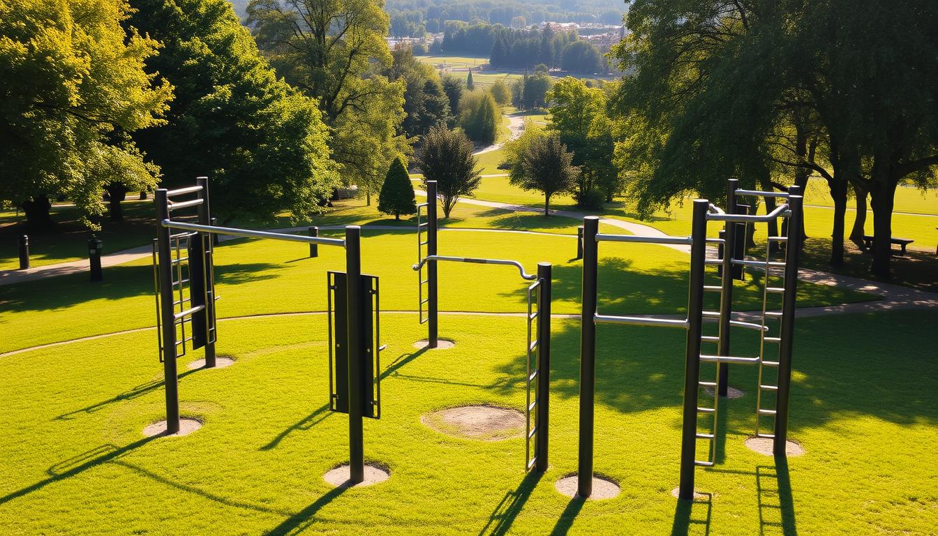 A vibrant outdoor fitness area with a calisthenics circuit at a lush, verdant park. The foreground features a series of sturdy, steel exercise stations arranged in a circular pattern, inviting passersby to engage in pull-ups, dips, and other bodyweight exercises. The middle ground showcases a grassy, well-maintained lawn dotted with trees, providing a serene backdrop for the workout area. In the background, glimpses of a winding path and distant parkland create a sense of depth and integration with the natural environment. Warm, directional sunlight casts a golden glow, illuminating the scene and emphasizing the healthy, active lifestyle promoted by this community exercise space.