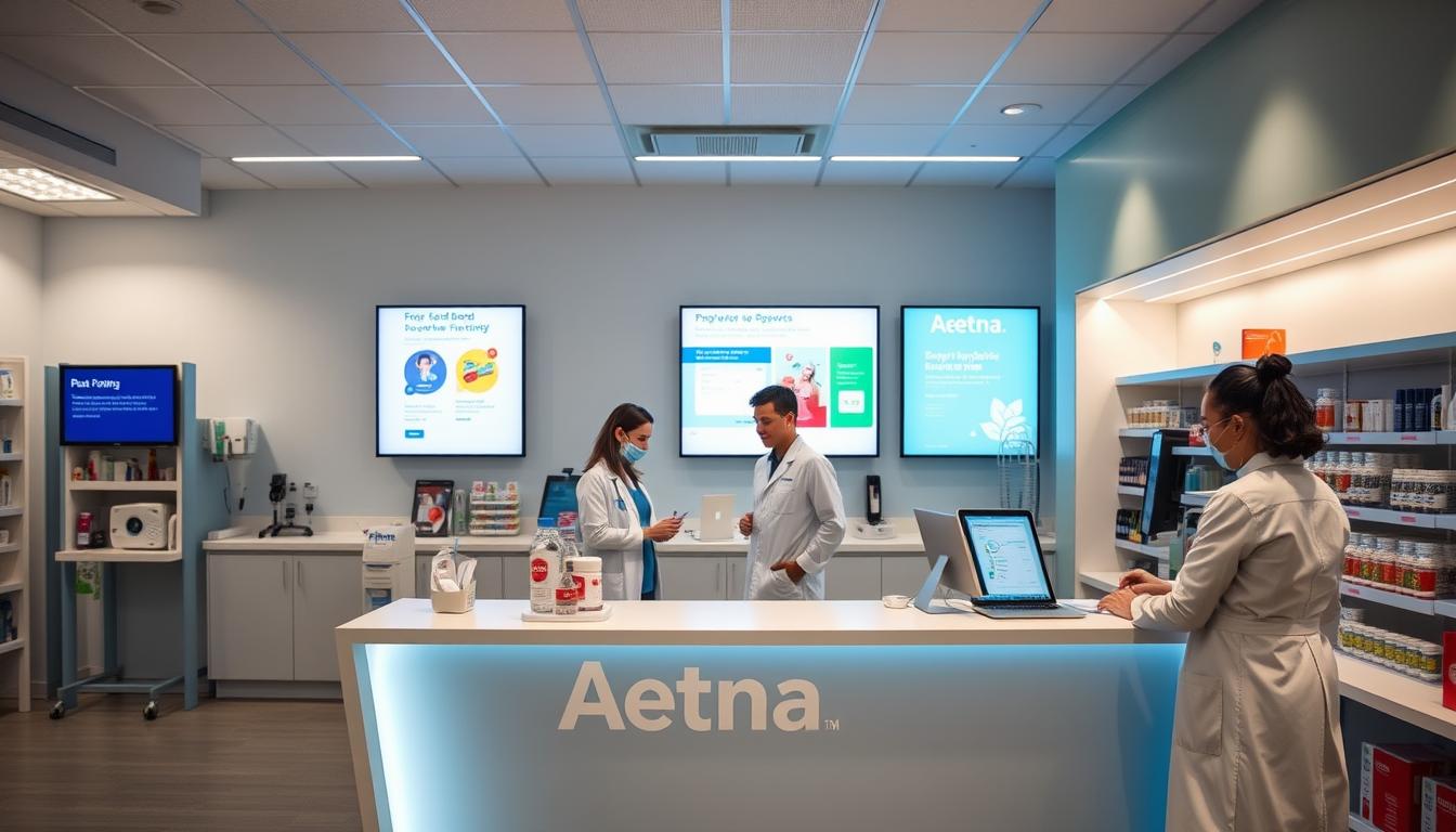 A vibrant pharmacy counter with Aetna branding, seamlessly integrated into a modern healthcare facility. In the foreground, a pharmacist assists a patient, their interaction captured with a warm, soft lighting. The middle ground showcases digital displays showcasing Aetna's various prescription services, while the background features a clean, minimalist aesthetic with sleek medical equipment and soothing color palettes. The overall scene conveys a sense of efficiency, professionalism, and customer-centric care, reflecting Aetna's commitment to pharmacy integration within its healthcare offerings.